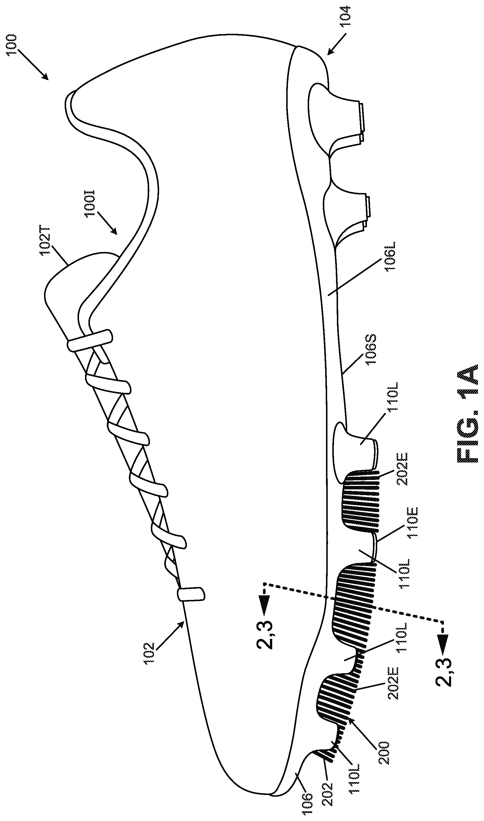 Patent US12102174 — Foot support components for articles of footwear including multiple flexible projections at the ground-facing surface — Figure 1