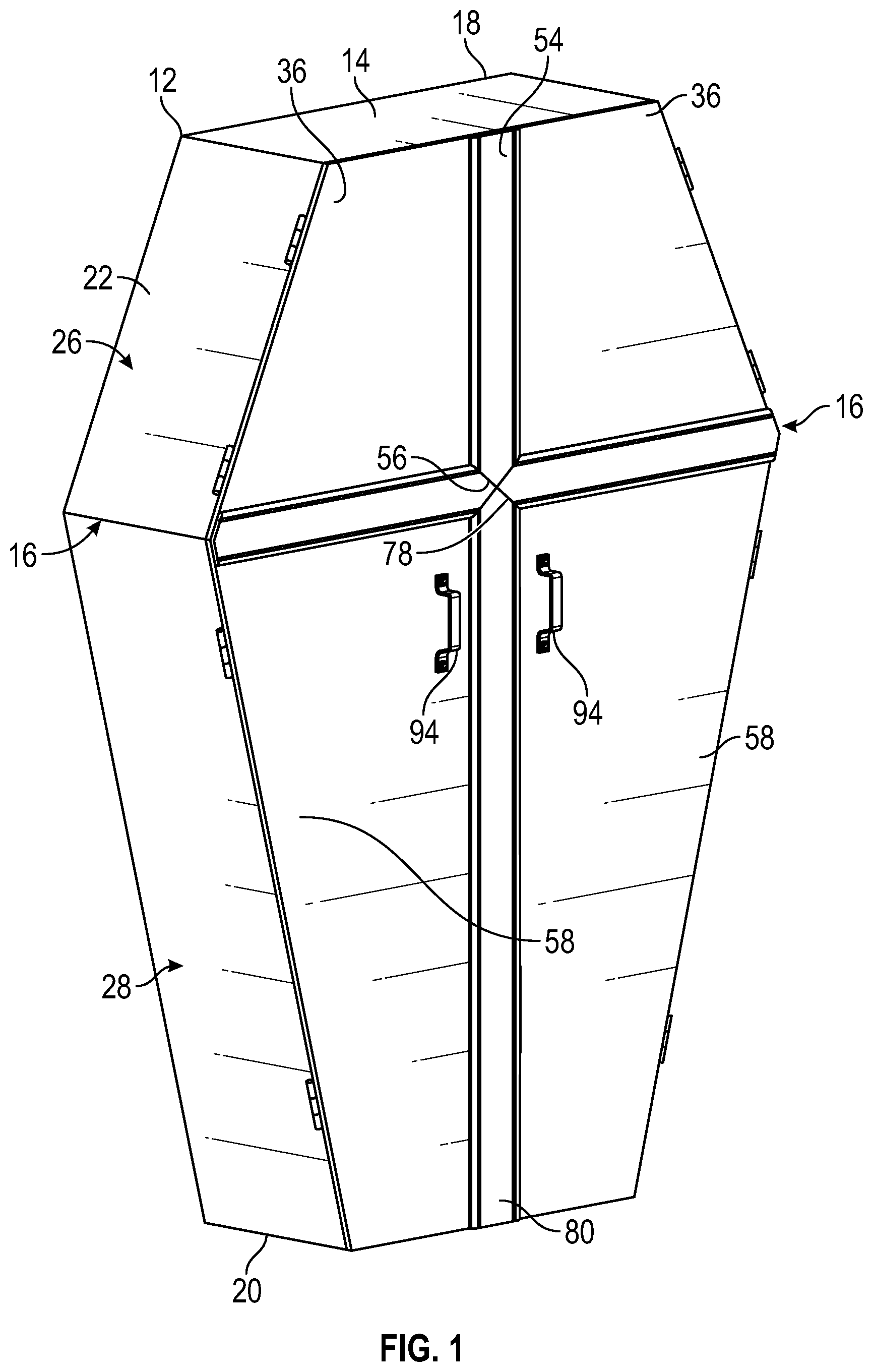 Patent US12102227 Figure 1 – Coffin shaped cabinet assembly