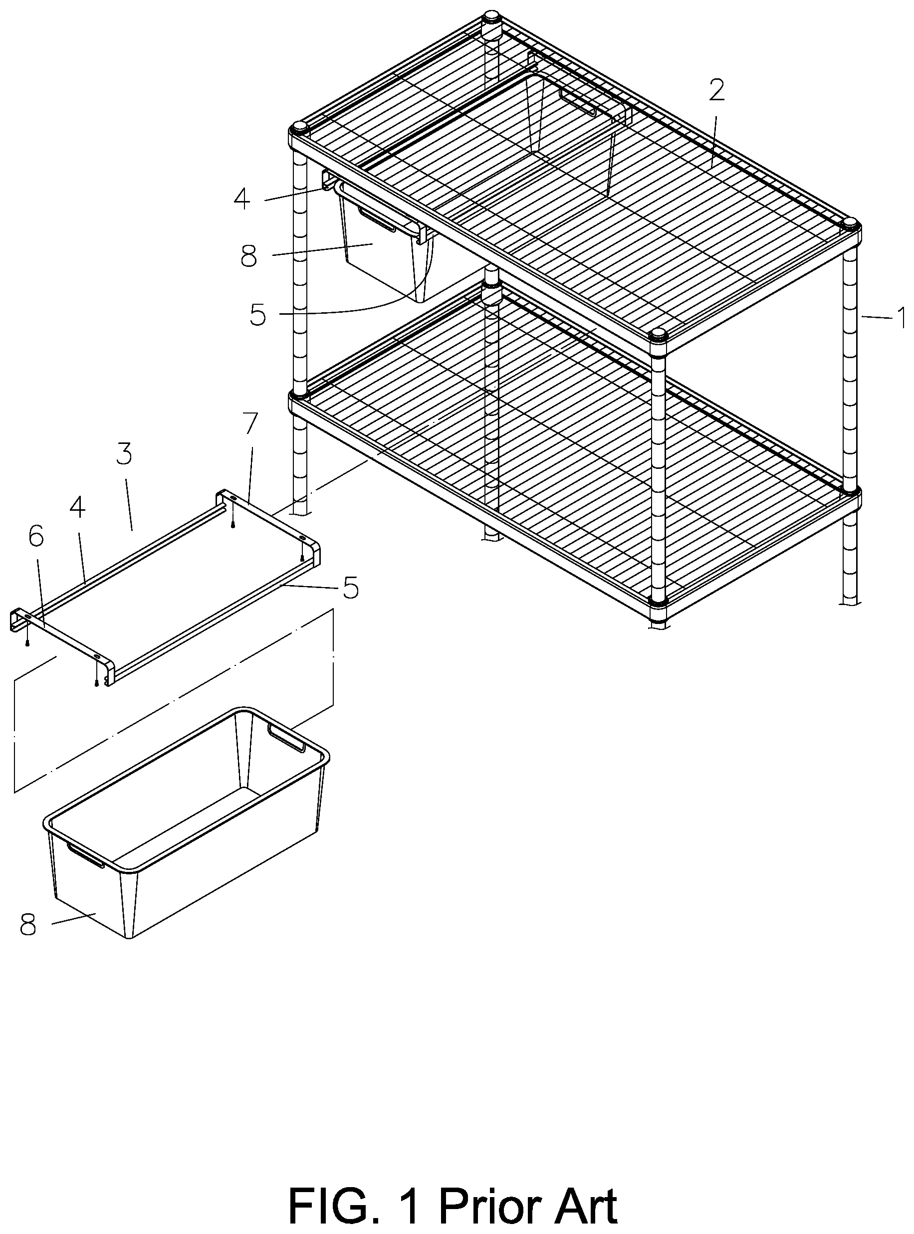 Patent US12102228 — Connection structure of two opposite slide rails for drawer basket mounted on metal shelf — Figure 1