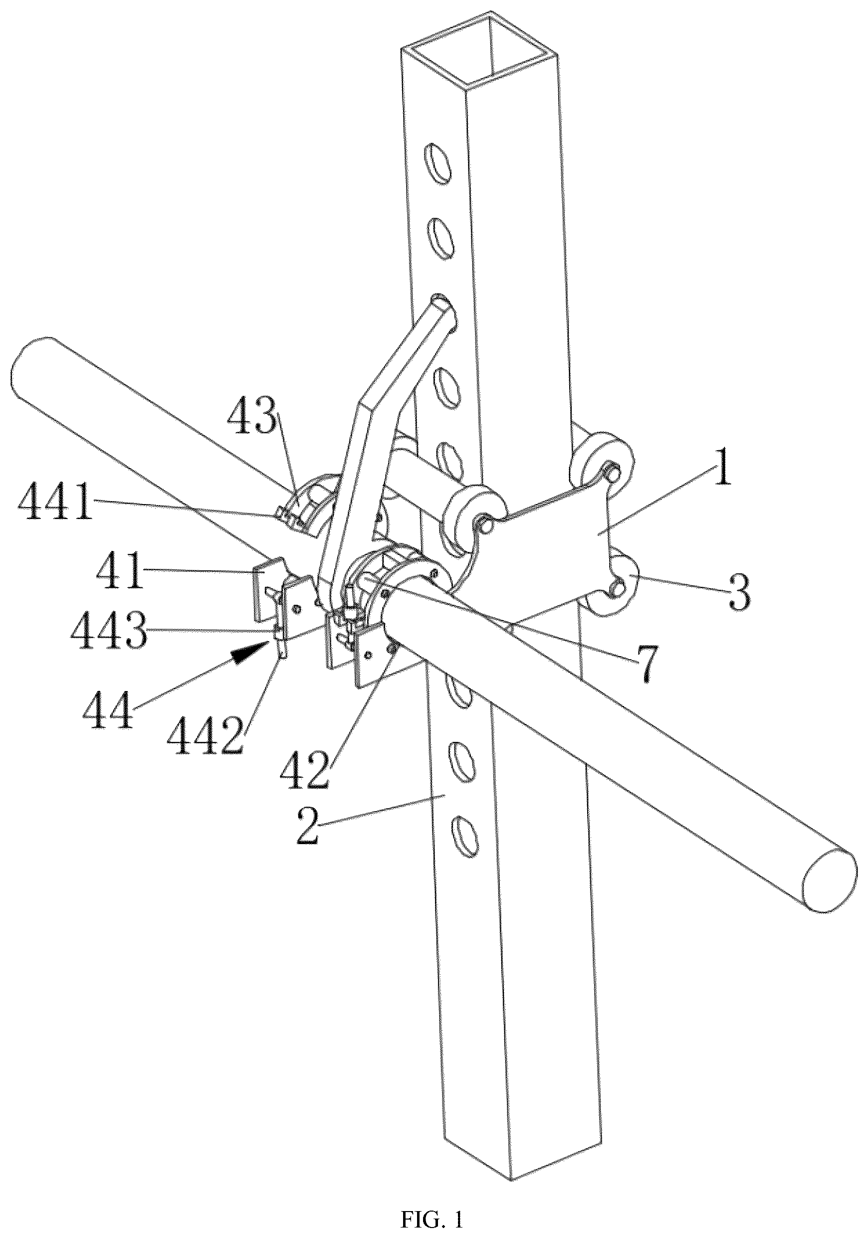 Patent US12102863 — Device for fixing movement track of barbell bar installed on squat rack — Figure 1