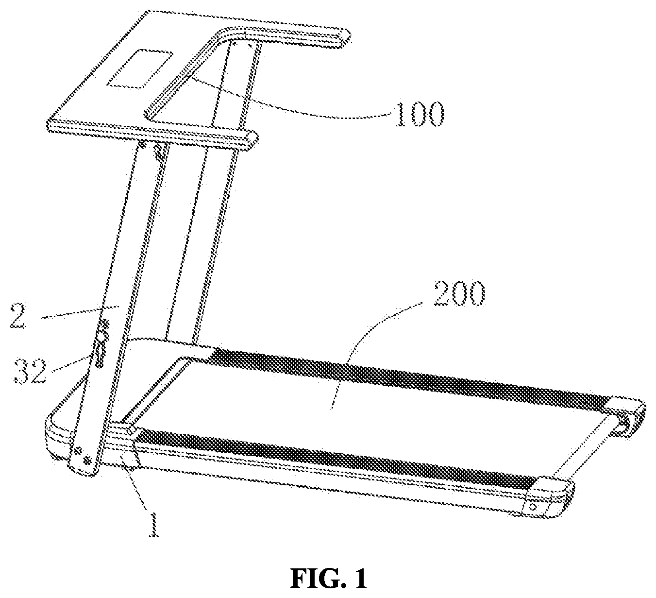 Patent US12102869 Figure 1 – Vertical-column folding mechanism and foldable treadmill
