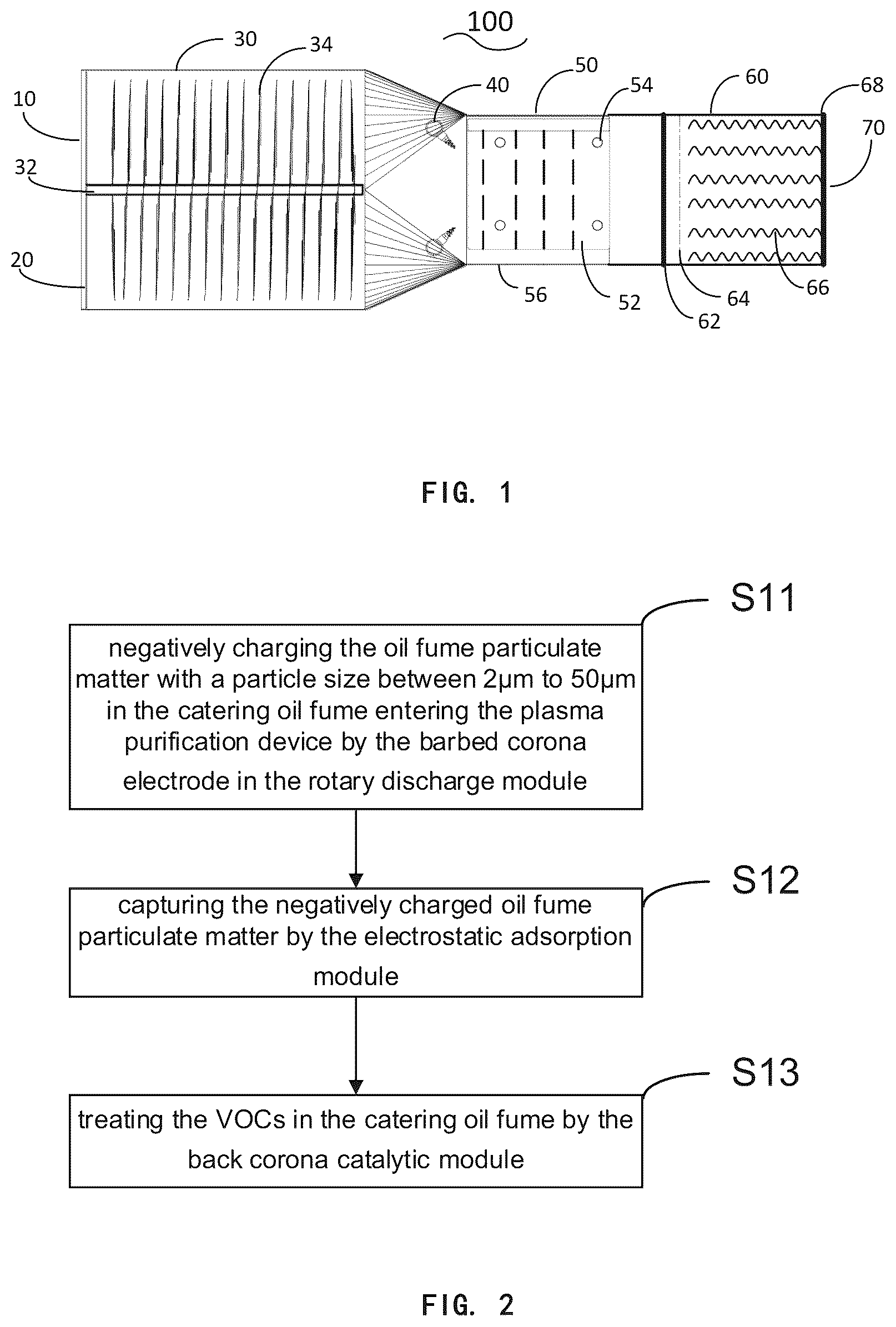 Patent US12102960 — Plasma purification device for purifying catering oil fume and method for purifying catering oil fume — Figure 1