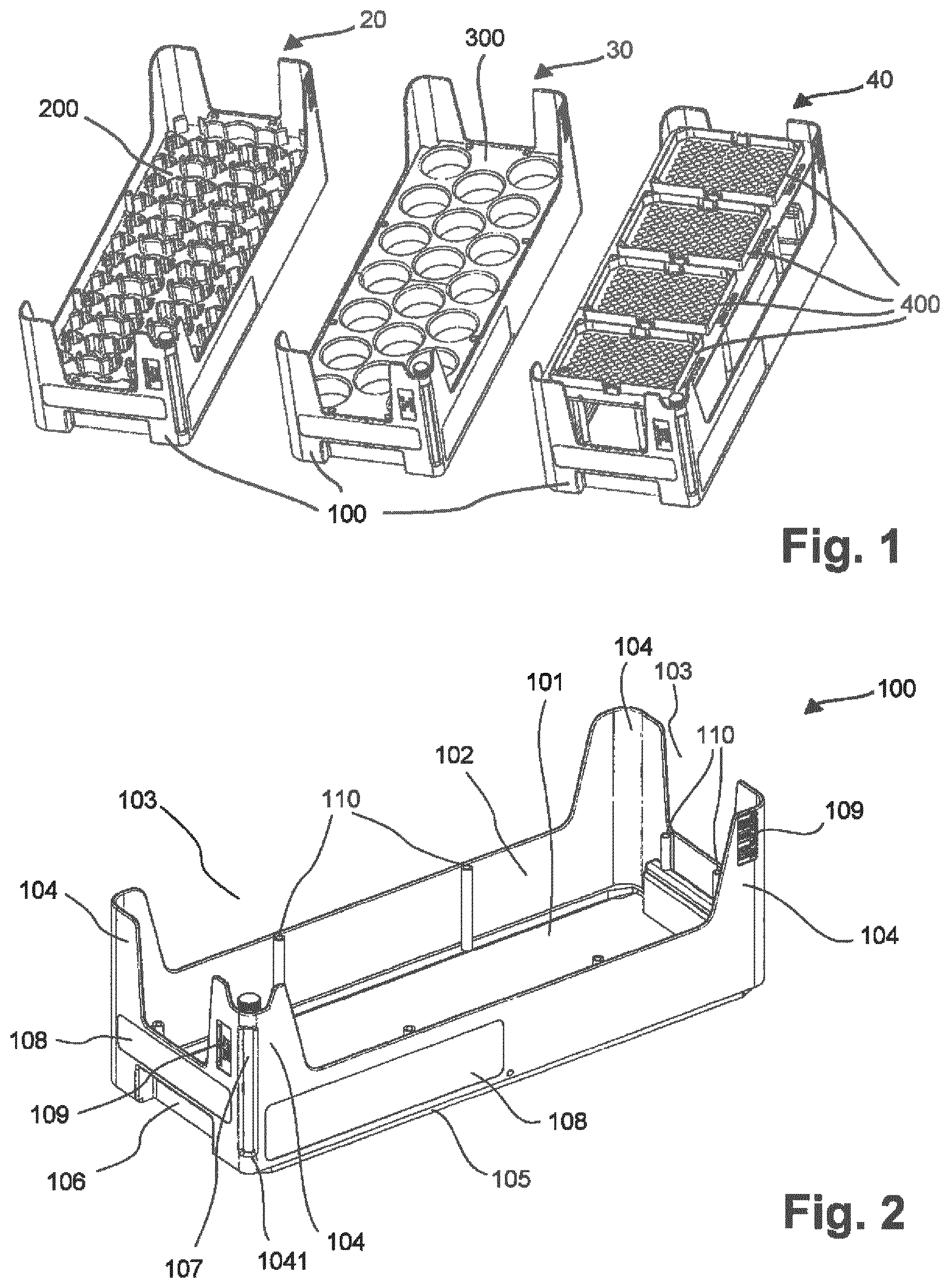 Patent US12103007 — Base module and tray insert of a multipurpose tray for an automated processing system, multipurpose tray for an automated processing system, and method of simplified loading/unloading of a multipurpose tray into/from an automated processing system — Figure 1