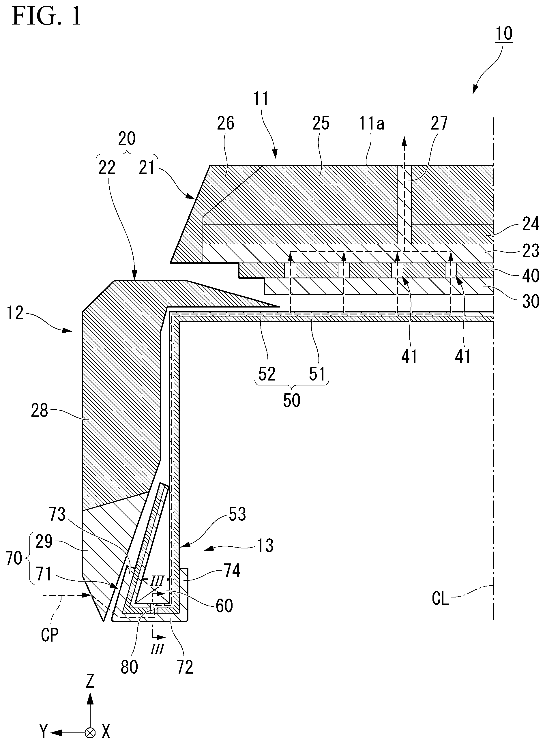 Patent US12103337 Figure 1 – Tire with carcass ply having conductive thread sewn portion