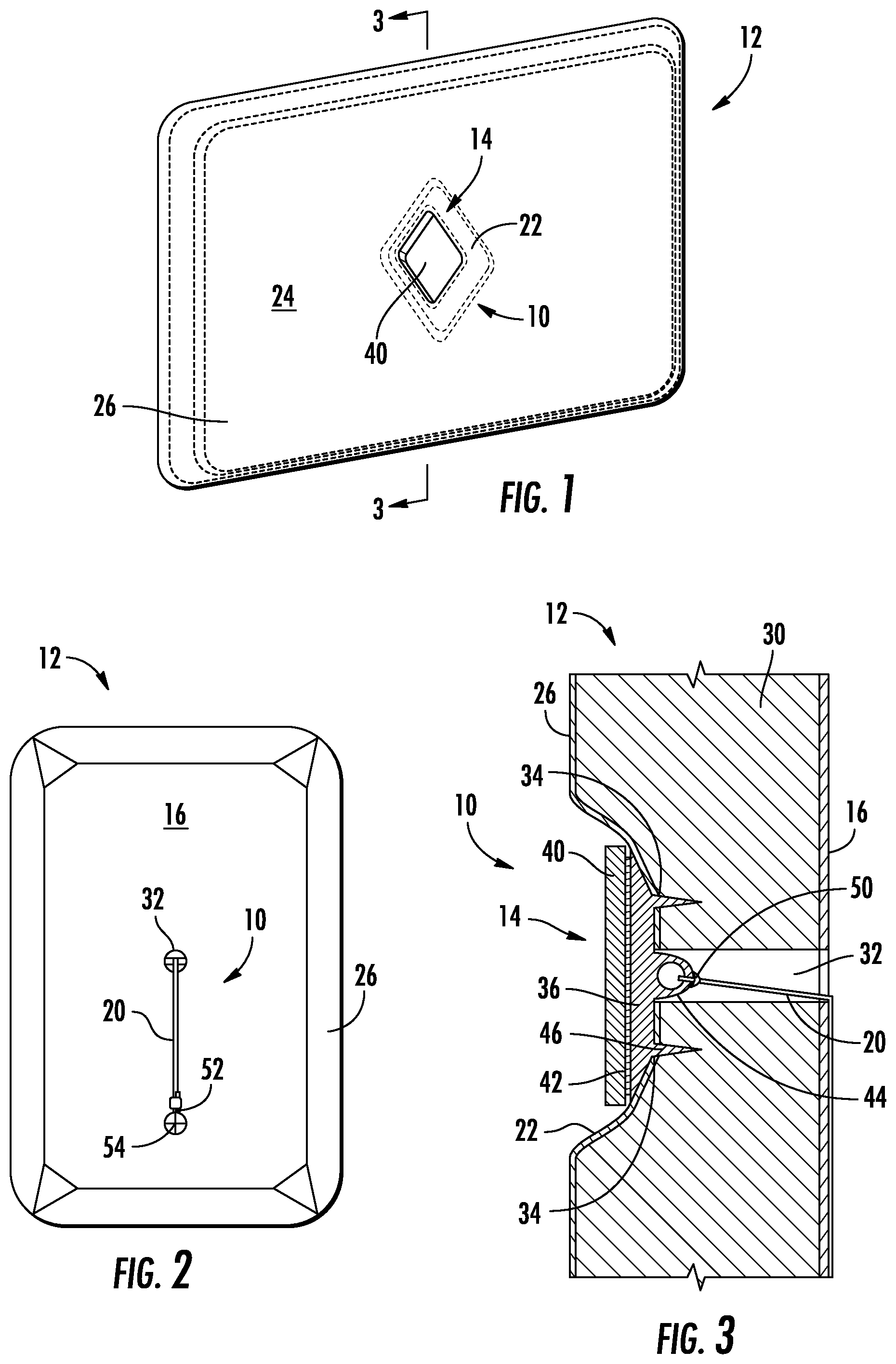 Patent US12103468 Figure 1 – Recessed badge assembly for cushioned surfaces and related methods