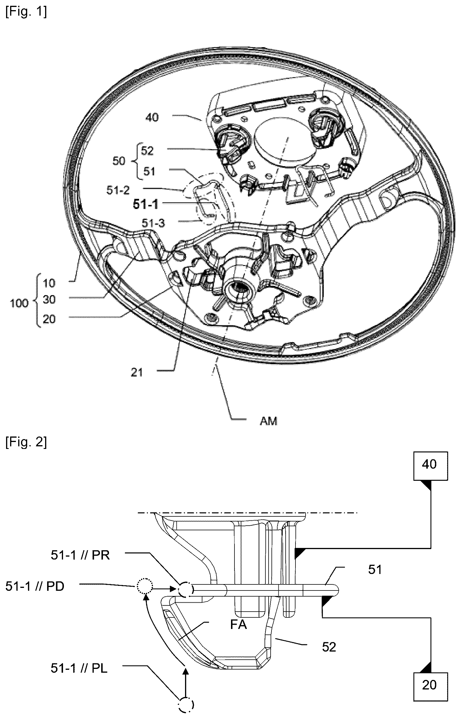 Patent US12103483 — Device for retaining a vehicle steering wheel safety module — Figure 1
