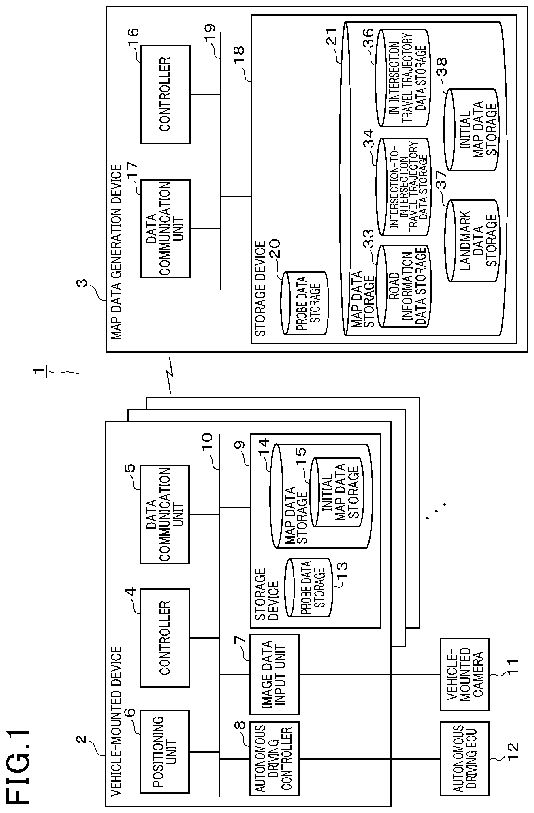 Patent US12103535 — Device and method for generating travel trajectory data in intersection, and vehicle-mounted device — Figure 1