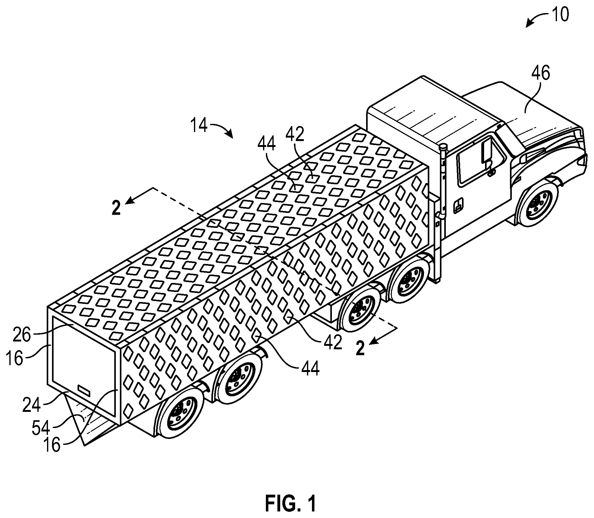 Patent US12103601 Figure 1 – Semi-trailer aerodynamic drag deflection assembly