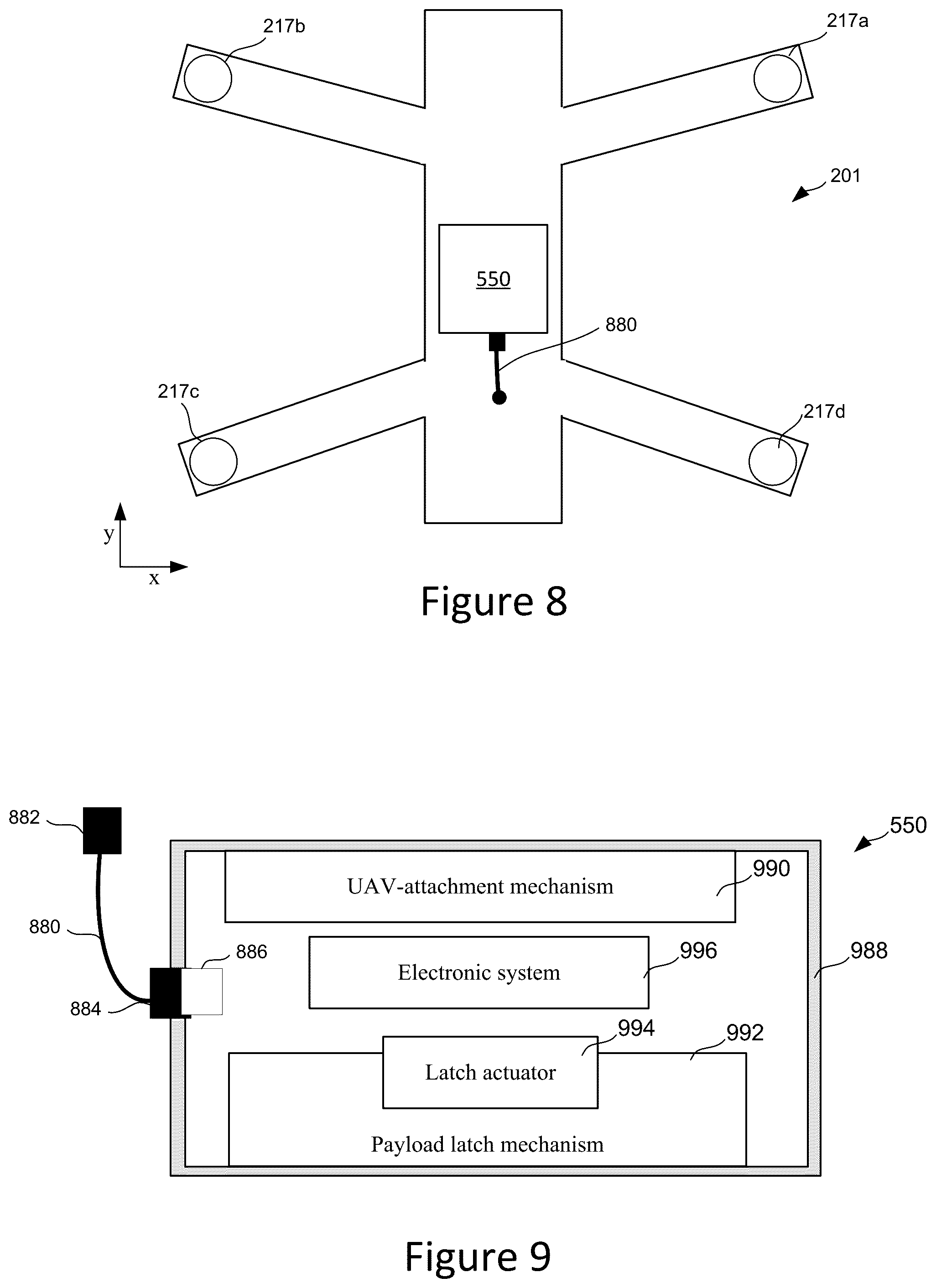 Patent US12103683 Figure 8 – UAV drop-plate for drop-payloads