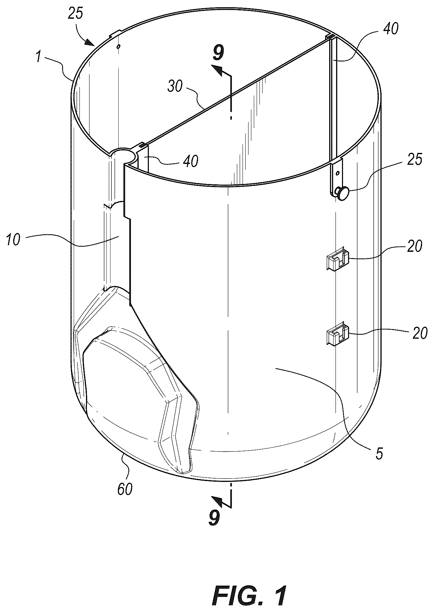 Patent US12103766 Figure 1 – Groundskeeping receptacle with integrated trash picker retainer