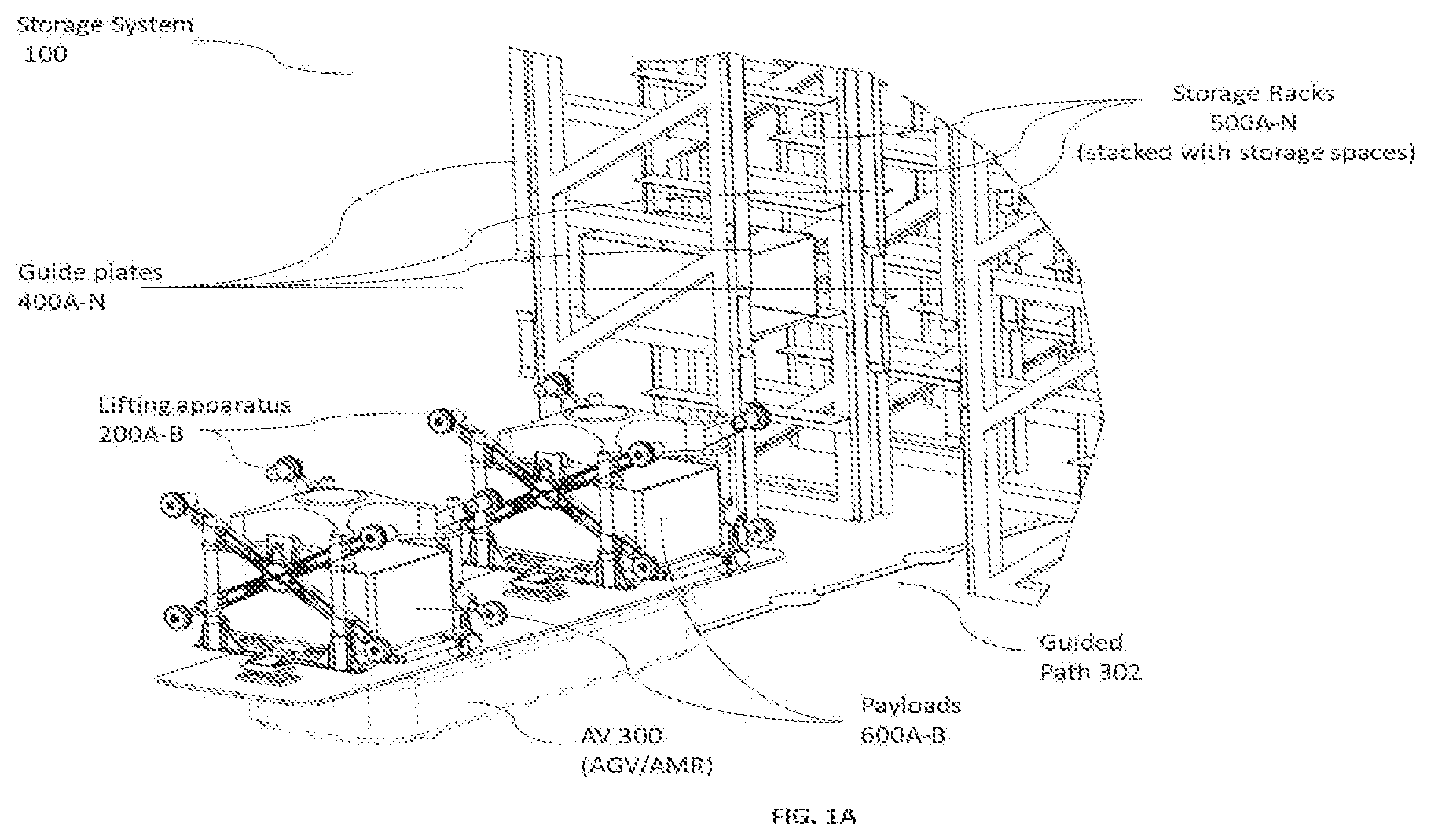 Patent US12103794 — Storage system with guided plate based lifting apparatus for payload loading-unloading on storage rack — Figure 1