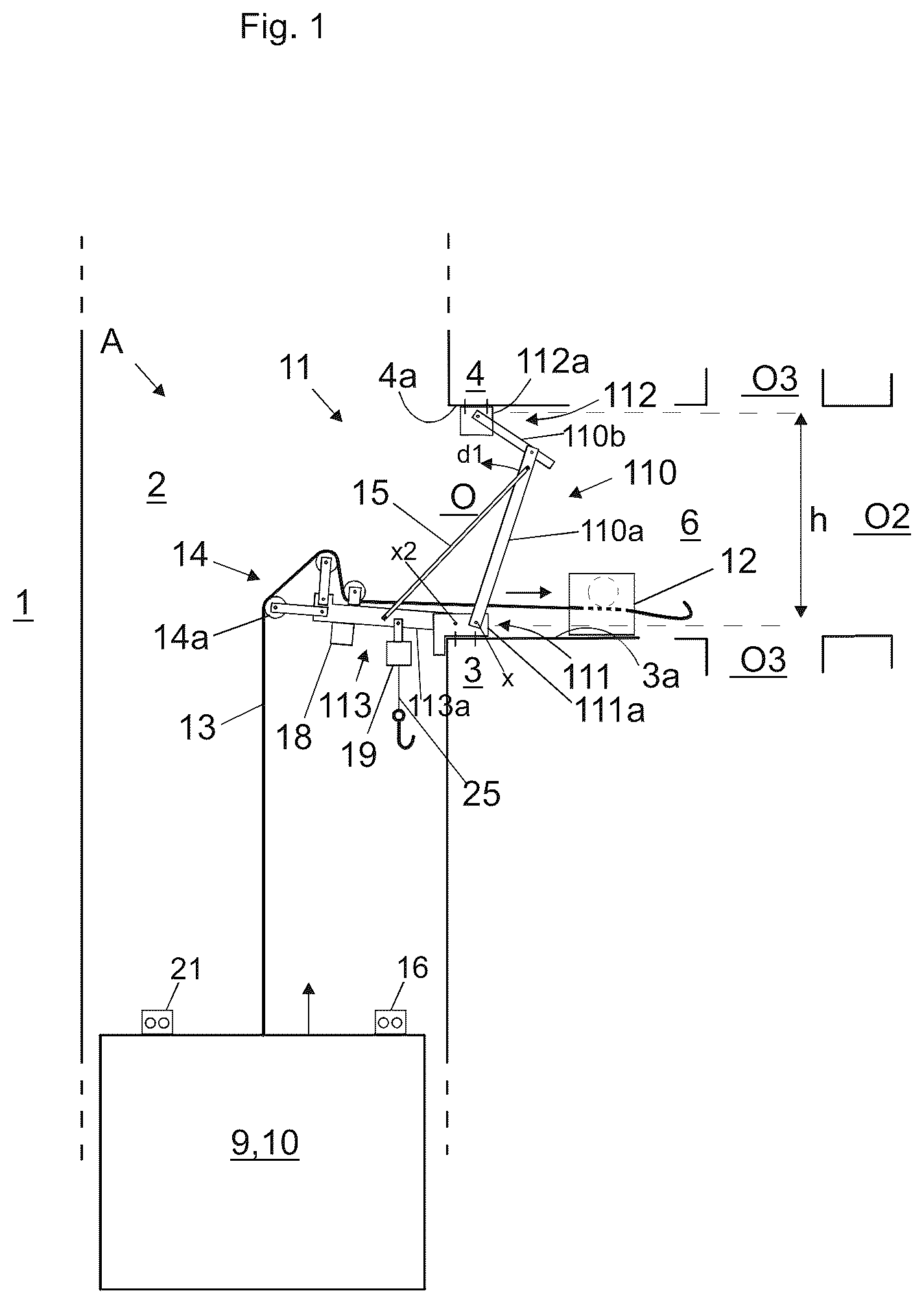 Patent US12103819 — Construction arrangement of an elevator and method — Figure 1