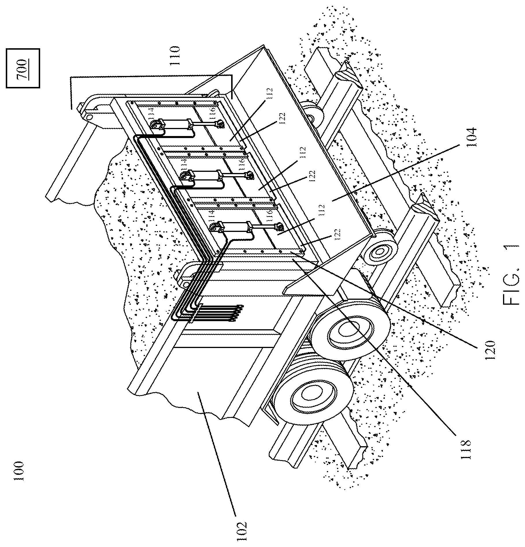 Patent US12104329 — Dumping system for delivery of aggregate to a railroad track — Figure 1
