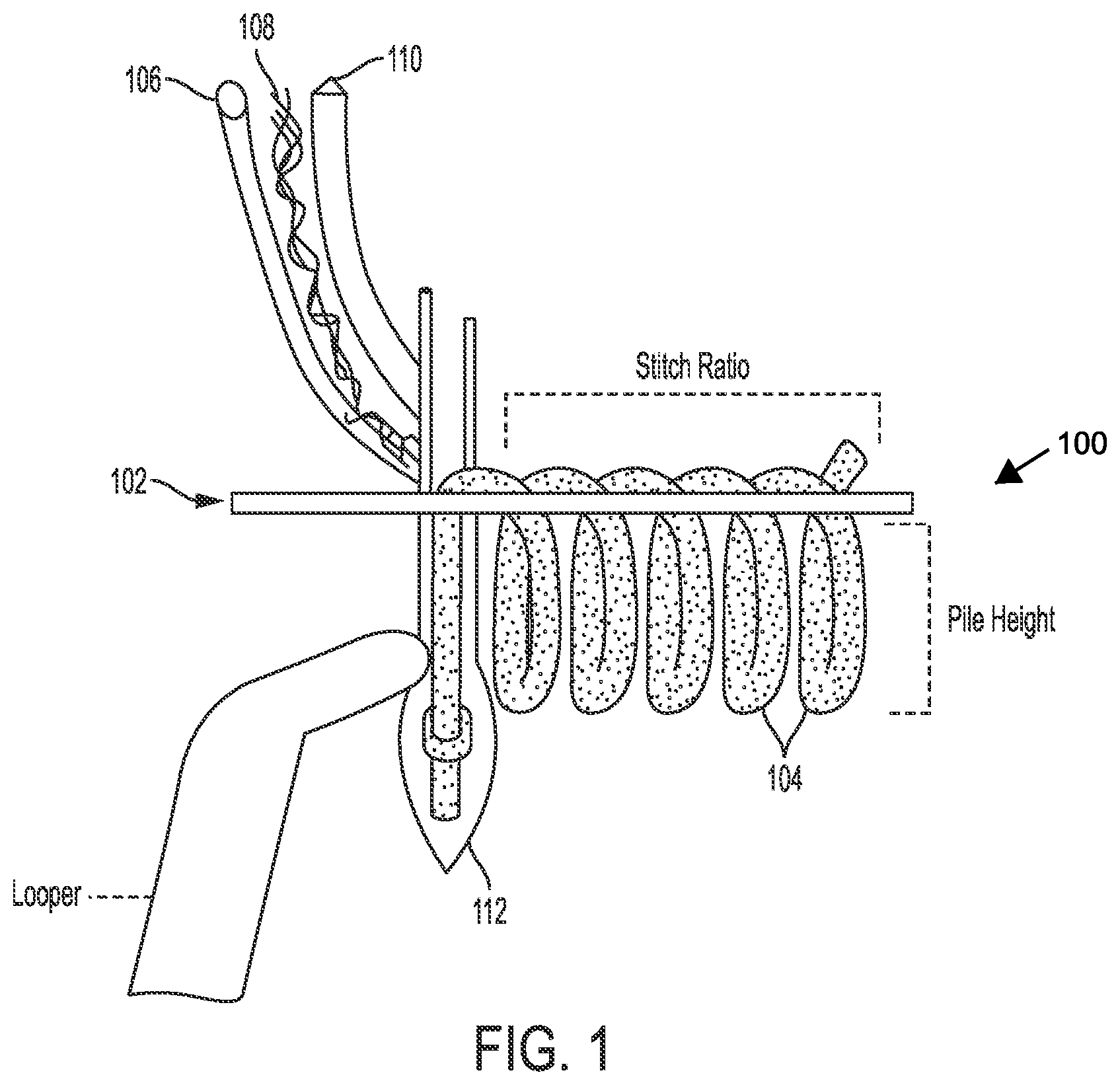 Patent US12104332 — Artificial turf and associated devices and methods for making same — Figure 1