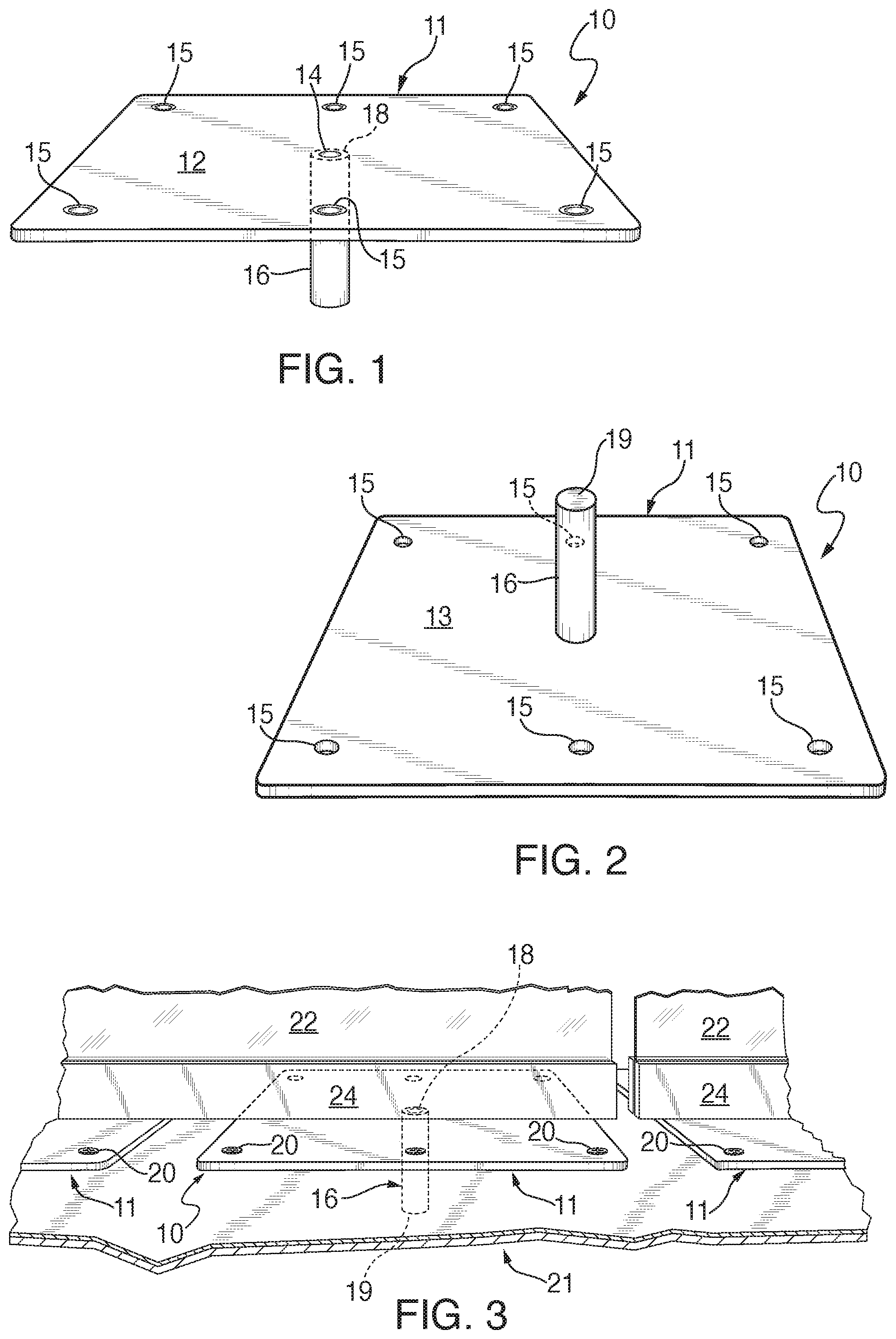 Patent US12104344 Figure 1 – Anchor and railing assembly