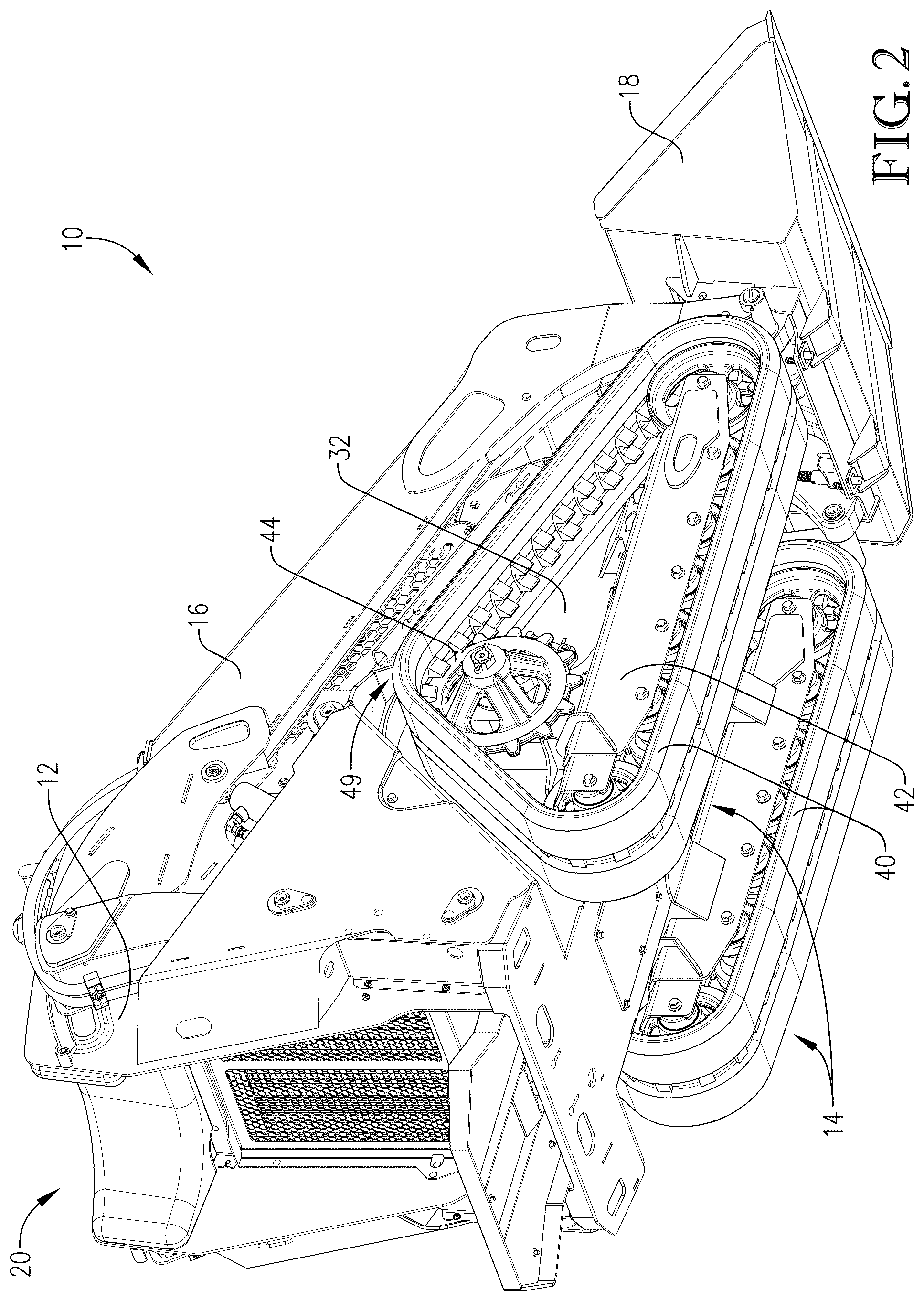 Patent US12104348 Figure 2 – Loader with improved arm path