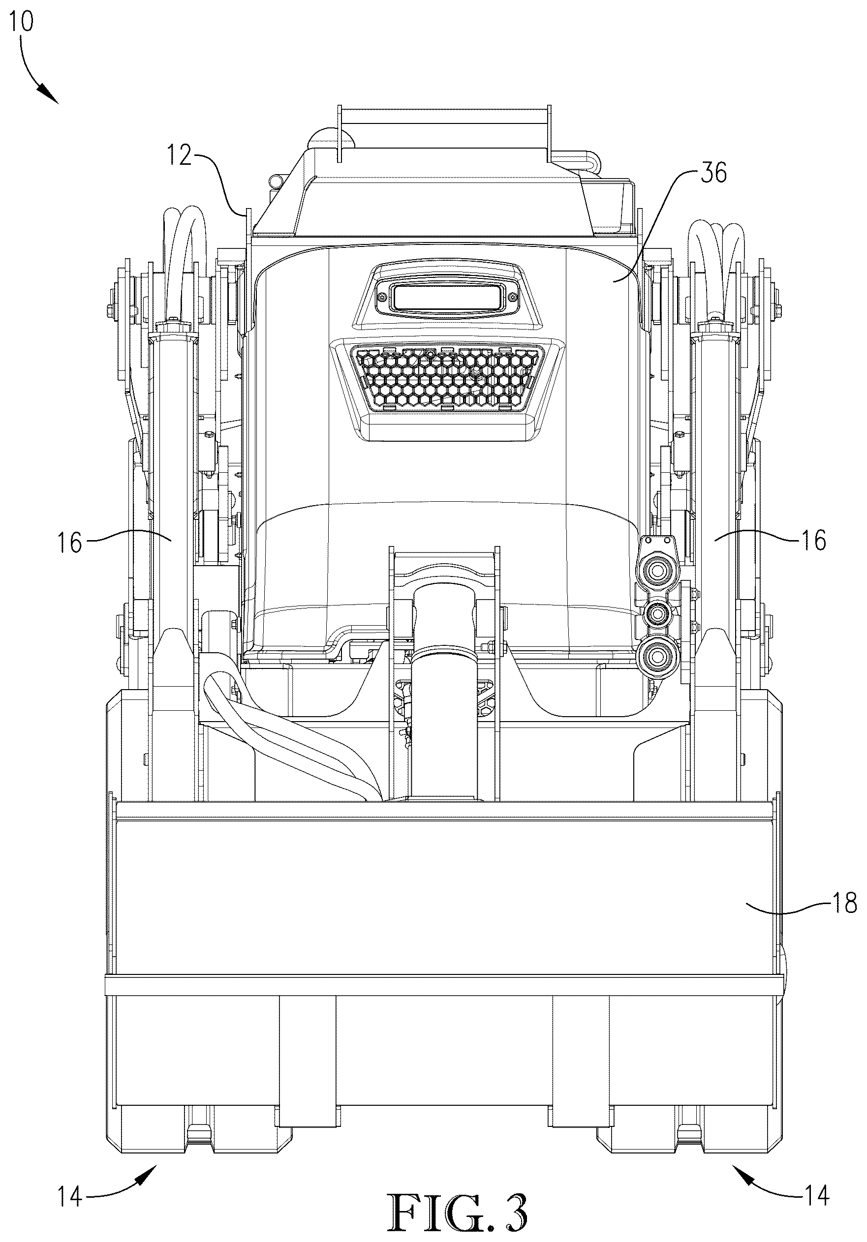 Patent US12104348 Figure 3 – Loader with improved arm path