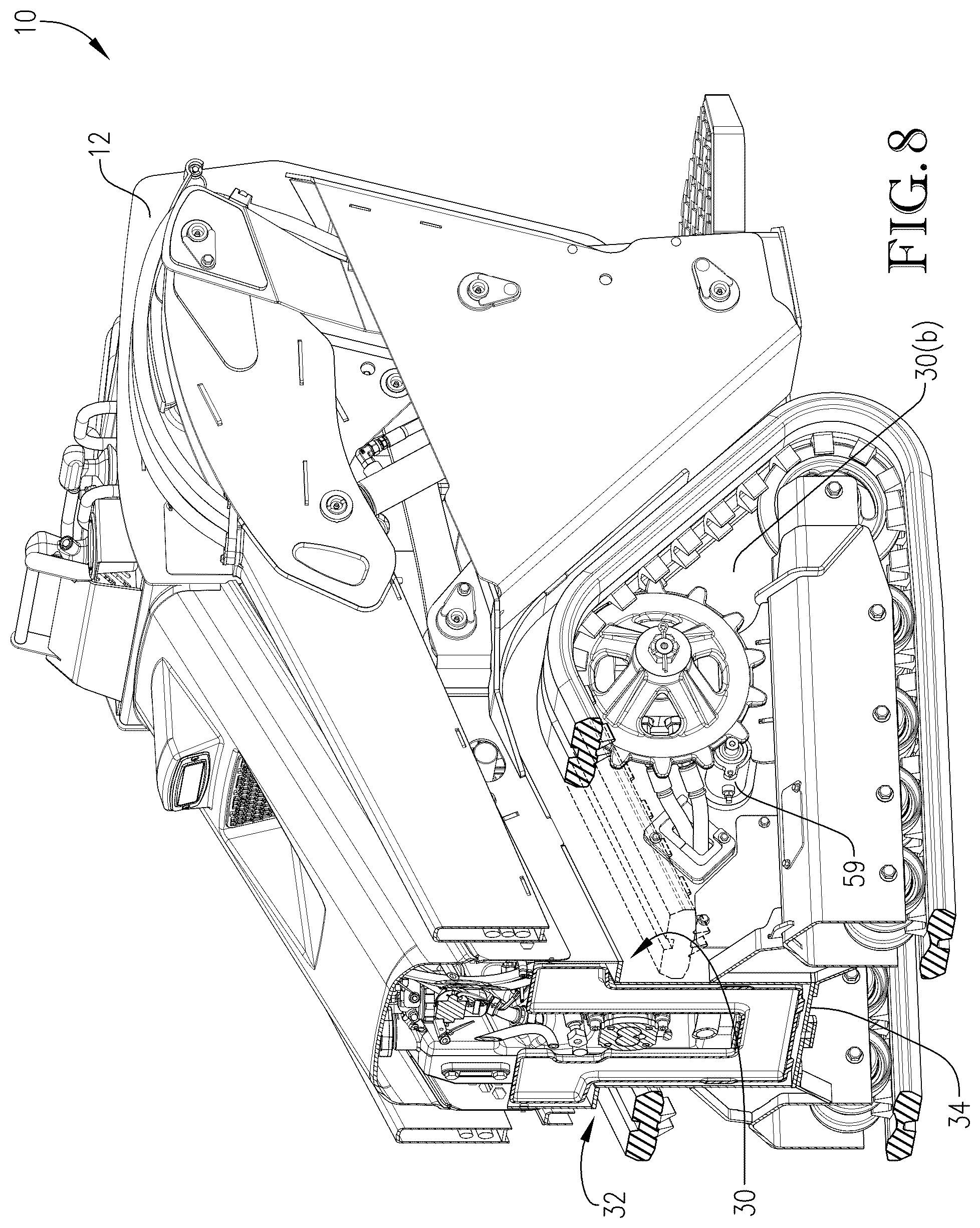 Patent US12104348 Figure 8 – Loader with improved arm path