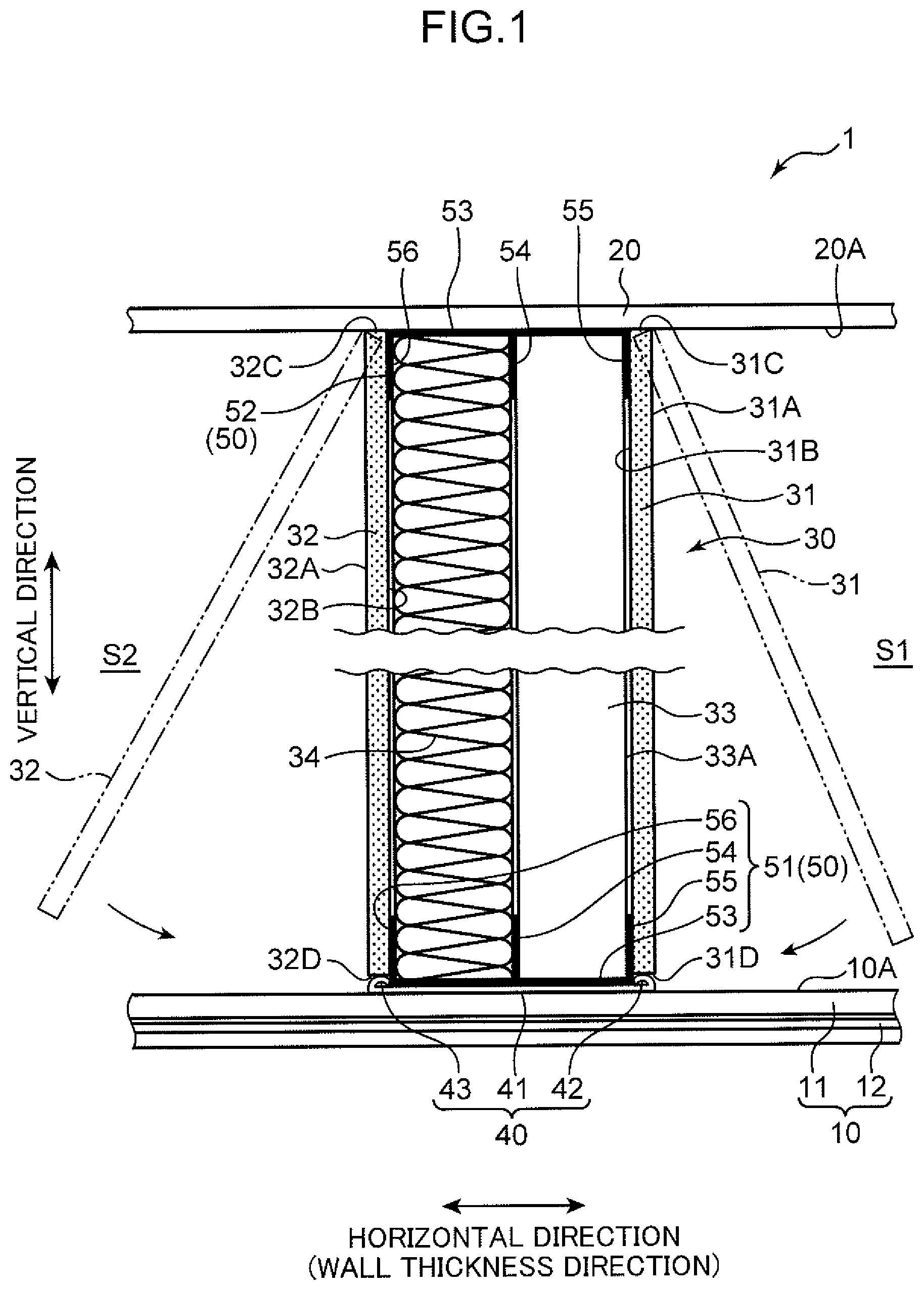 Patent US12104374 — Sound insulation structure of partition wall and method for constructing partition wall — Figure 1