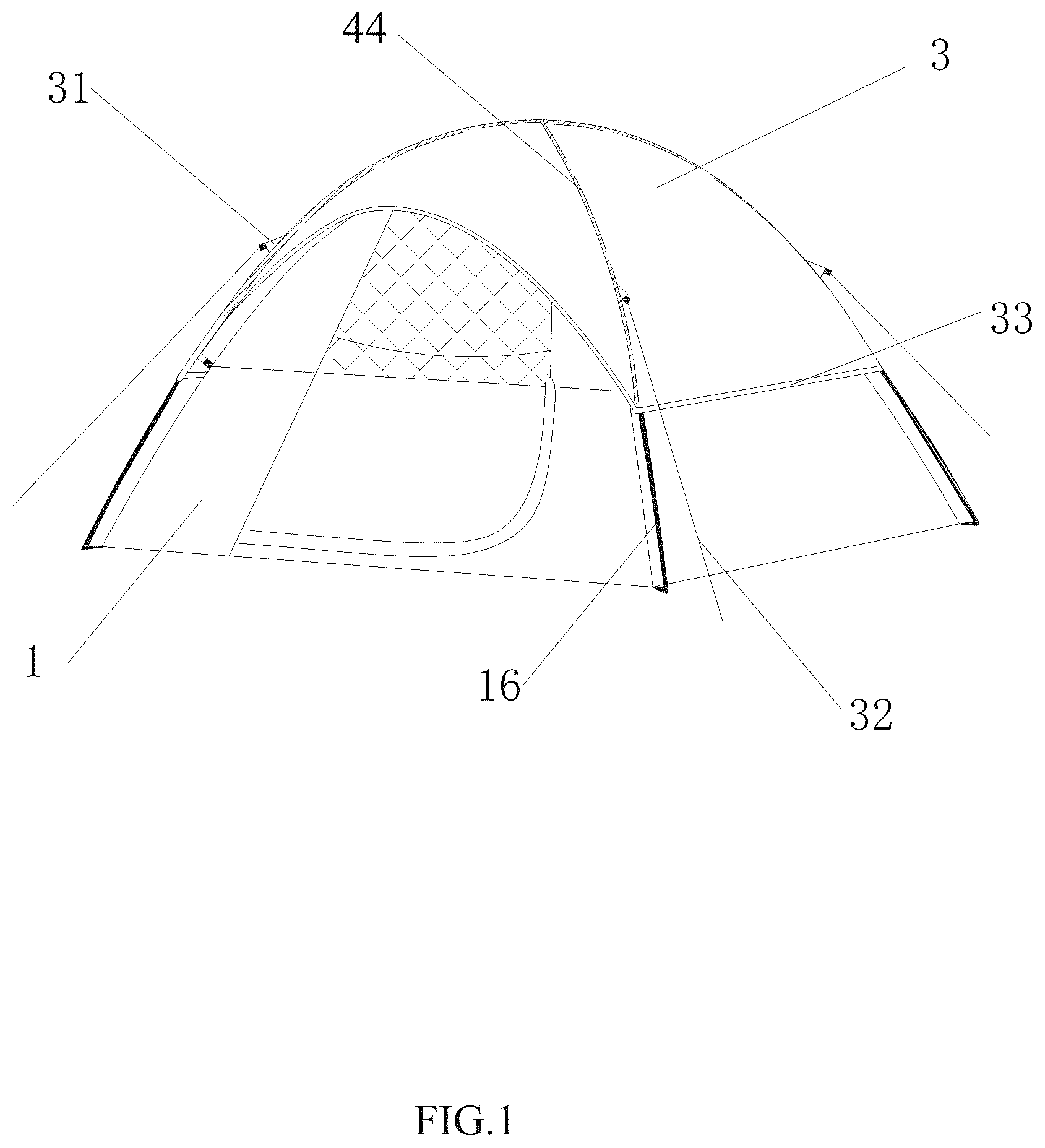 Patent US12104397 — Seamless attached tent — Figure 1