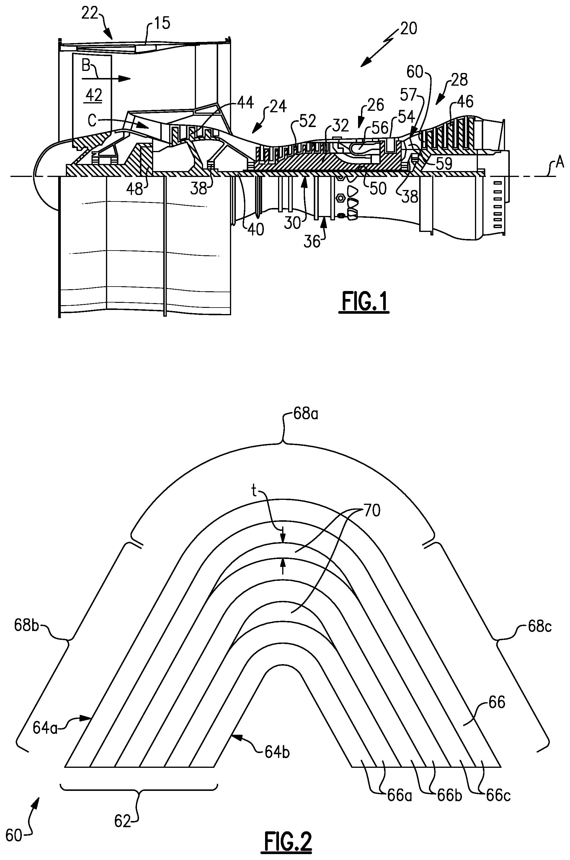 Patent US12104496 — CMC gas turbine engine component with separated fiber plies — Figure 1