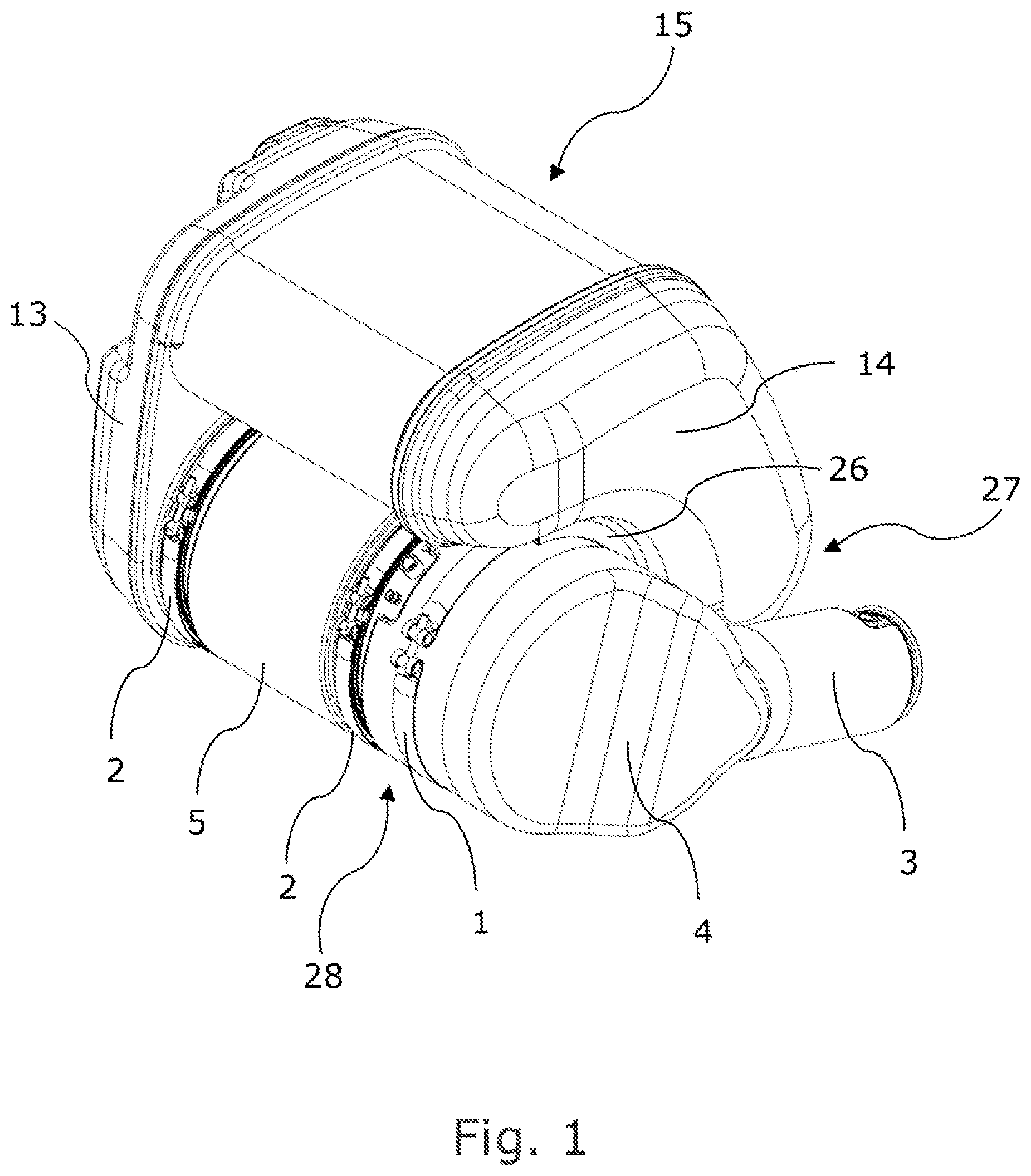Patent US12104513 Figure 1 – Compact exhaust gas treatment system with serviceable filter
