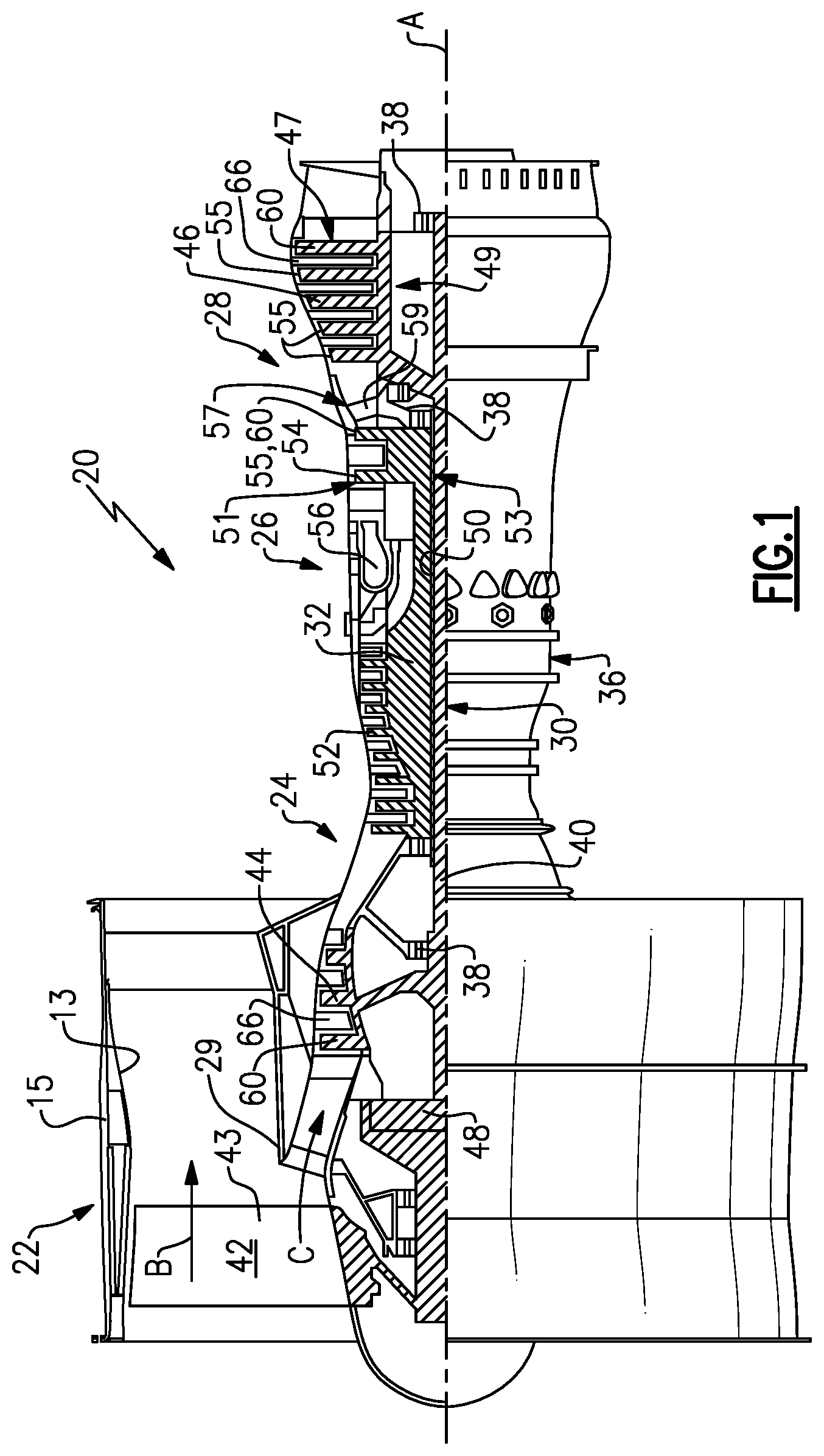 Patent US12104527 — Geared gas turbine engine with combined spray bar and scavenge component — Figure 1