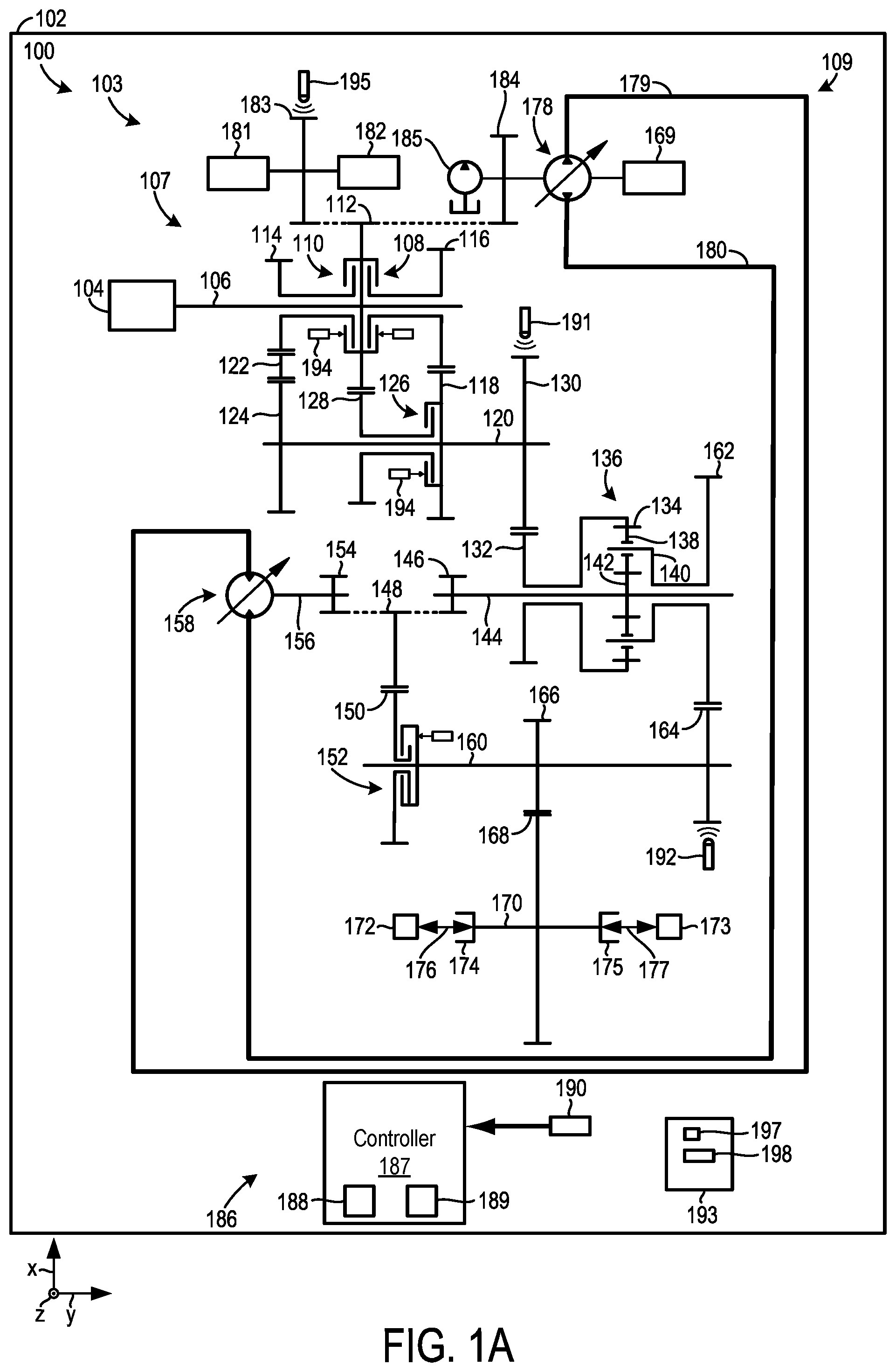 Patent US12104694 — Hydromechanical transmission with hydrostatic assembly and hydrostatic assembly control method — Figure 1