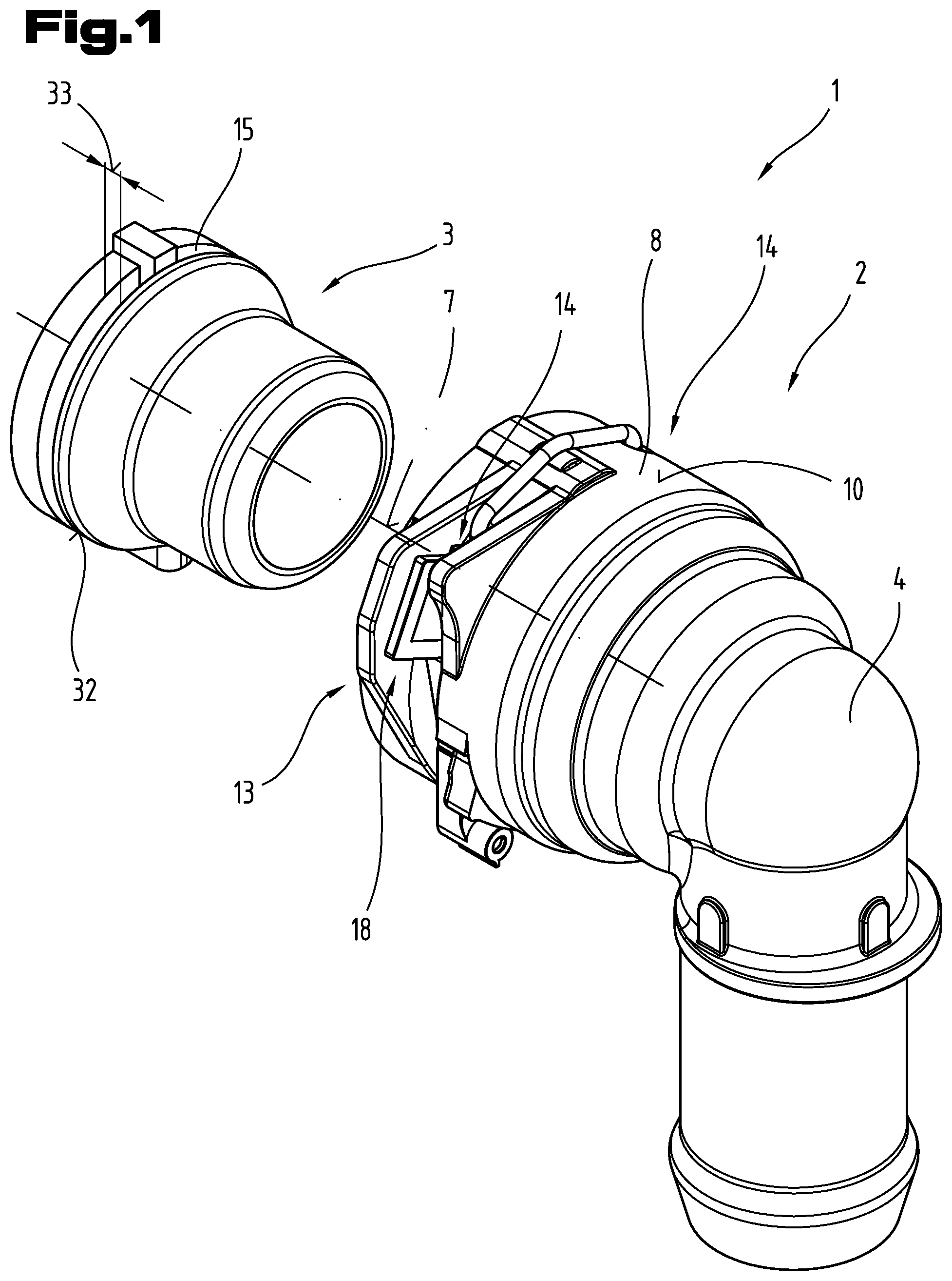 Patent US12104732 — Plug-in connector for connecting pipes for liquid or gaseous media — Figure 1