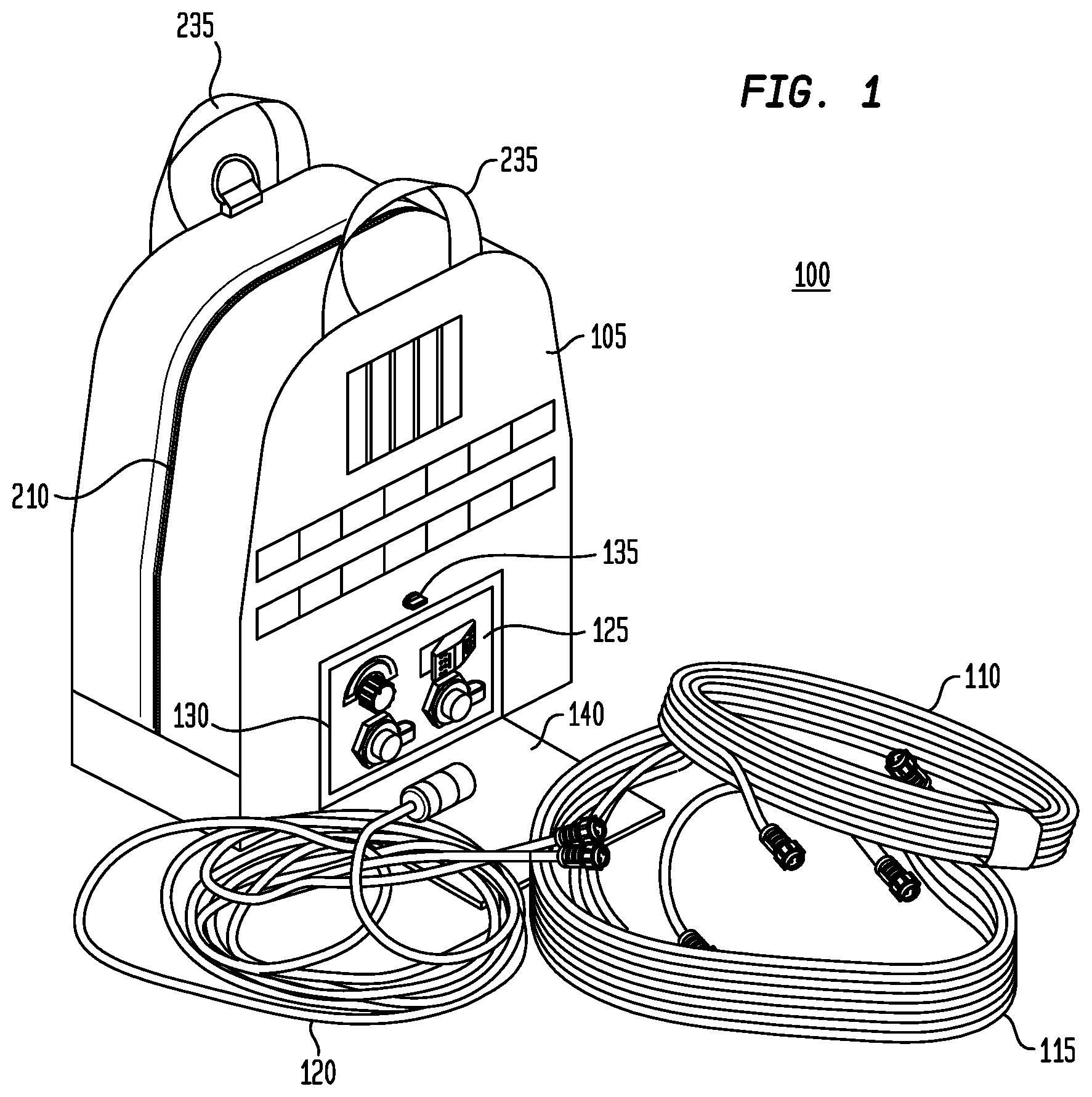 Patent US12104759 — Flexible lighting system with a carrying bag or container having an externally deployable flexible light strip — Figure 1