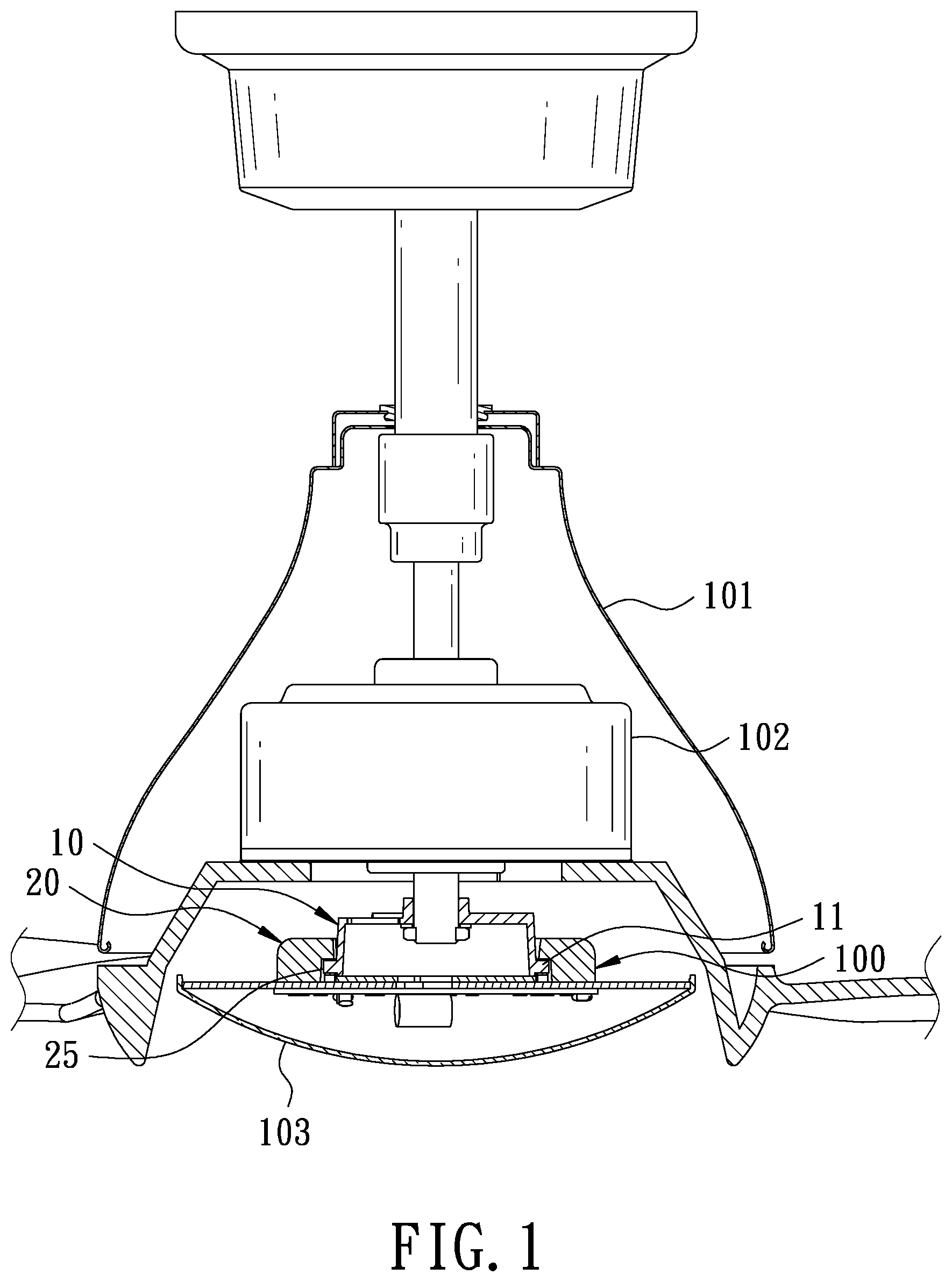 Patent US12104767 — Quick assembling structure for ceiling fan with lamp — Figure 1