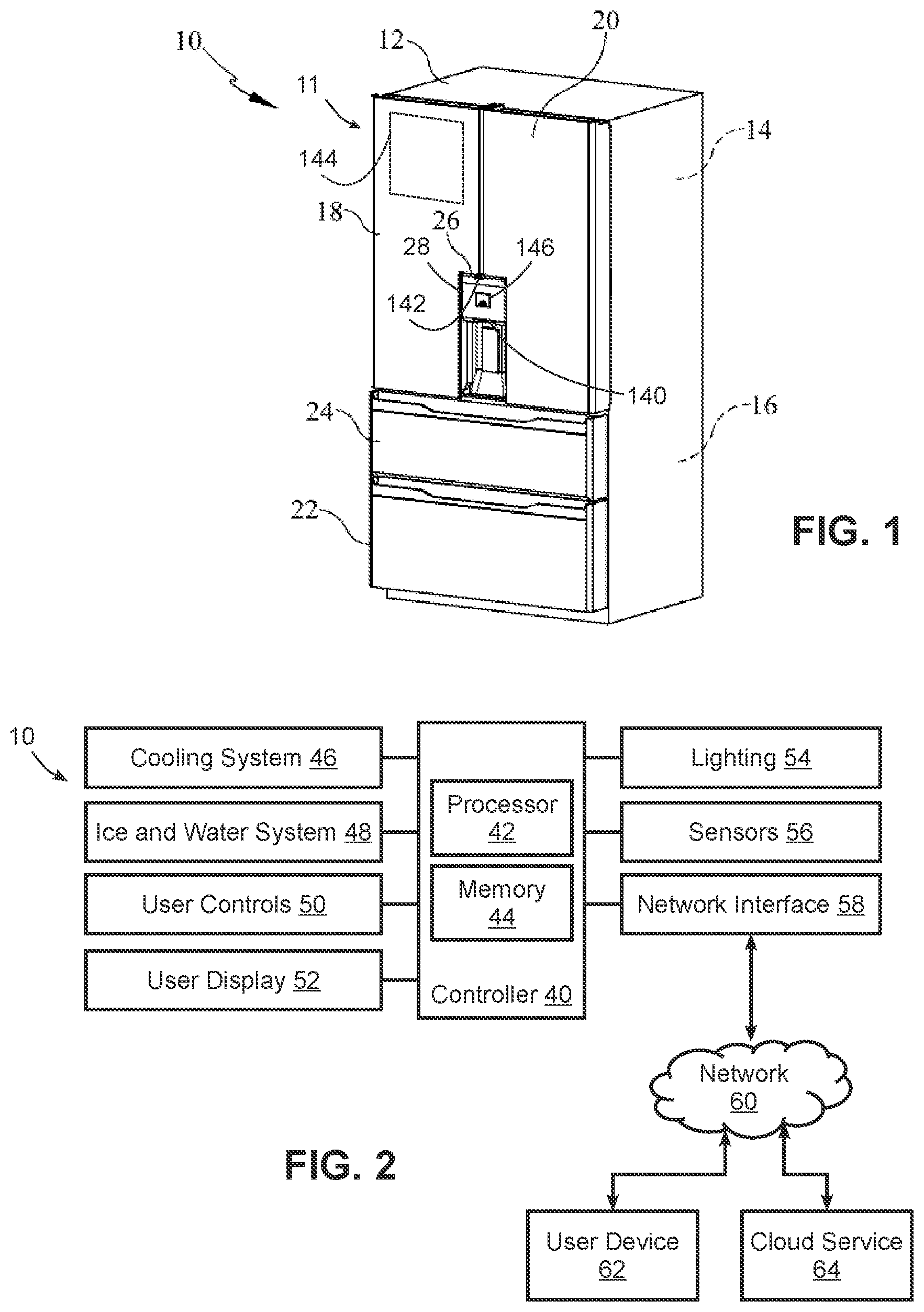 Patent US12104846 — Refrigerator with quick fill dispenser incorporating removable fluid storage receptacle and combined inlet/outlet — Figure 1