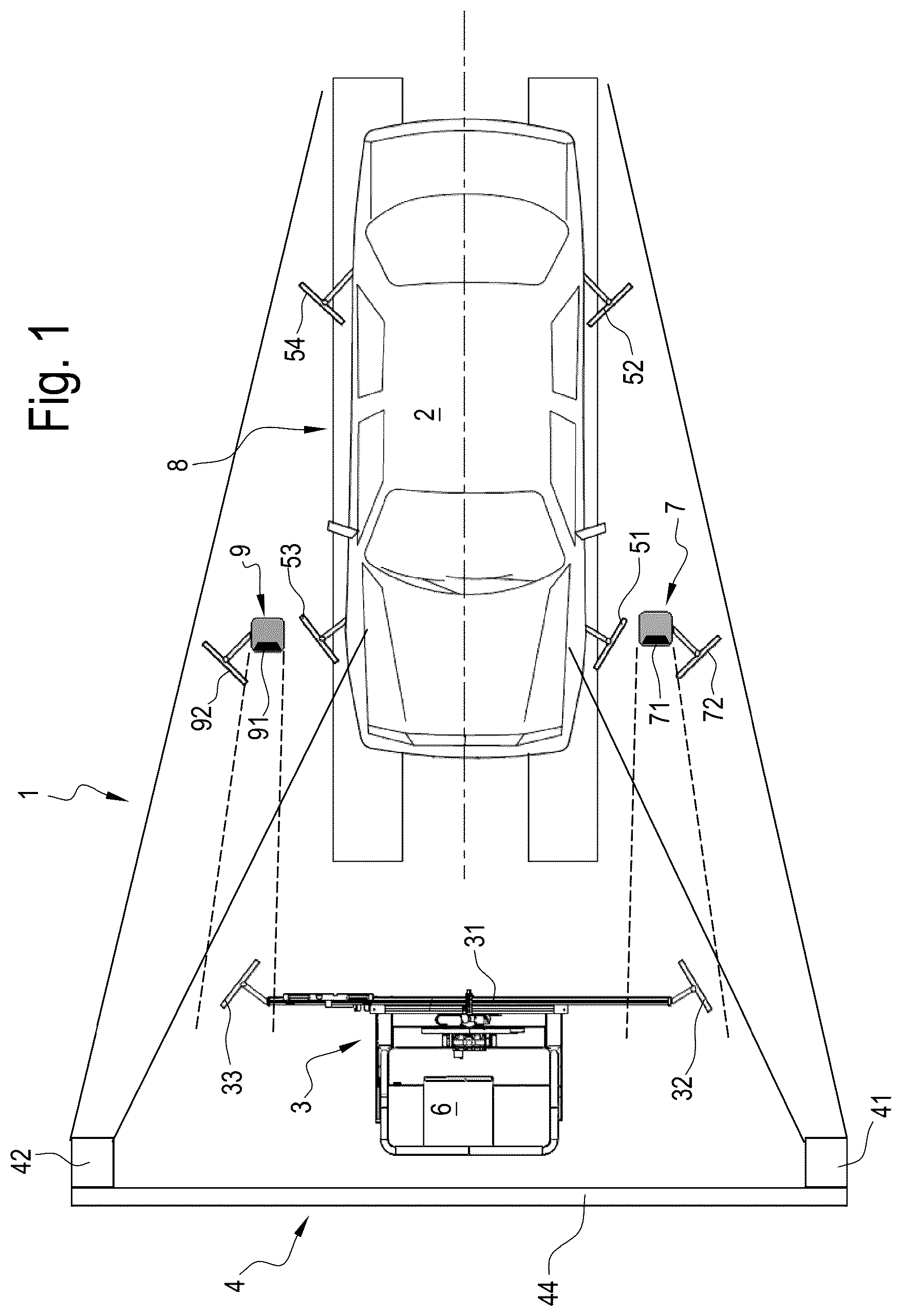 Patent US12104895 — Method for aligning a vehicle service system relative to a vehicle — Figure 1