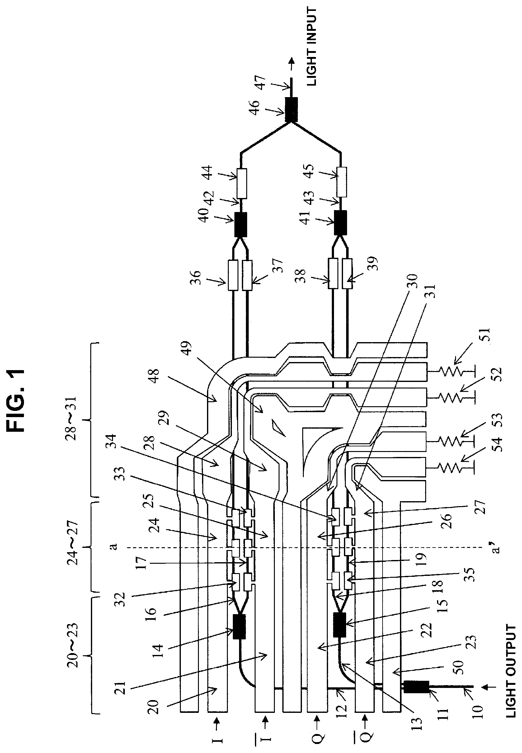 Patent US12105398 — Semiconductor Mach-Zehnder optical modulator and IQ modulator — Figure 1