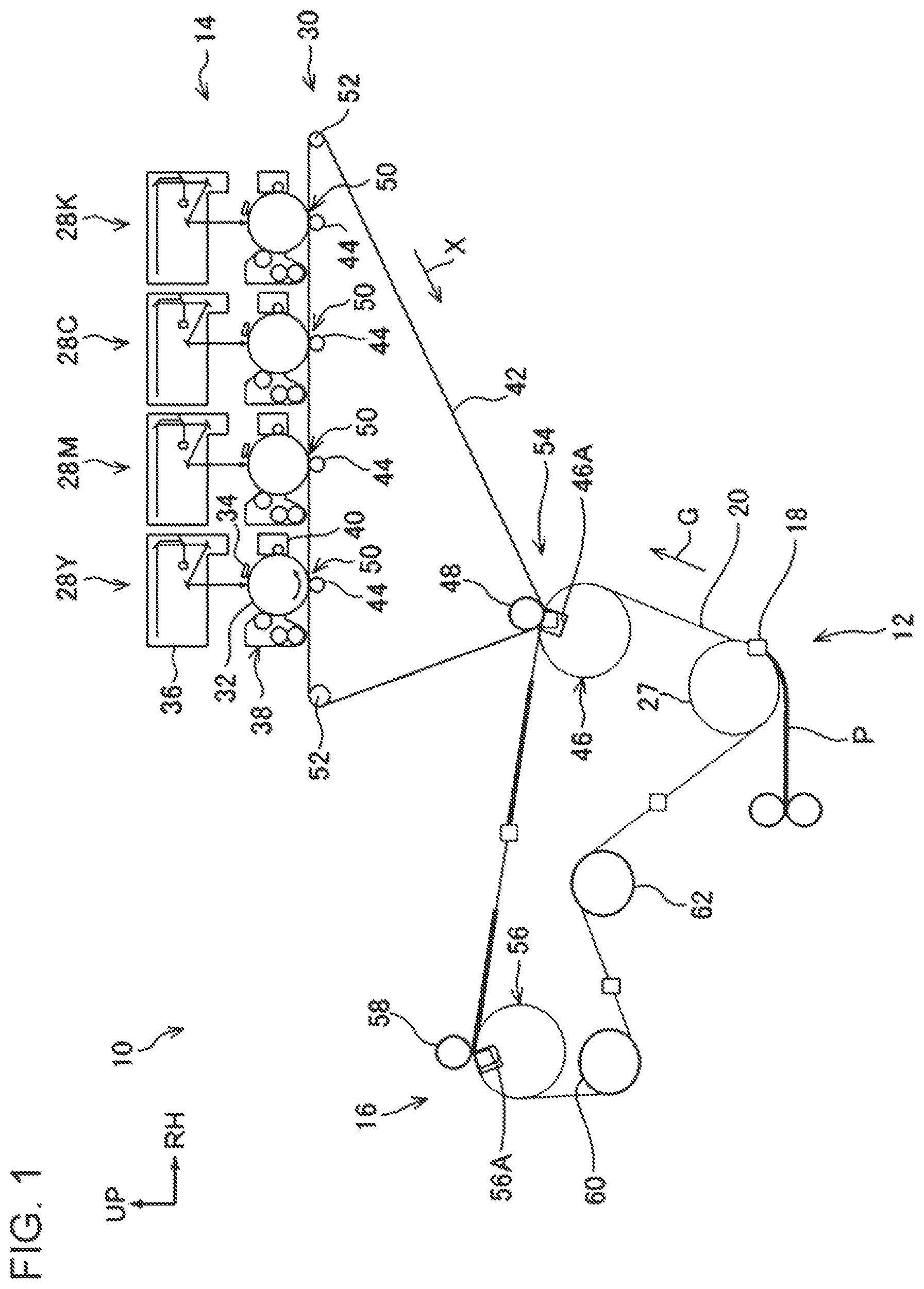 Patent US12105458 — Image forming apparatus having a pair of chains wound around a fixing roller and a transfer roller — Figure 1