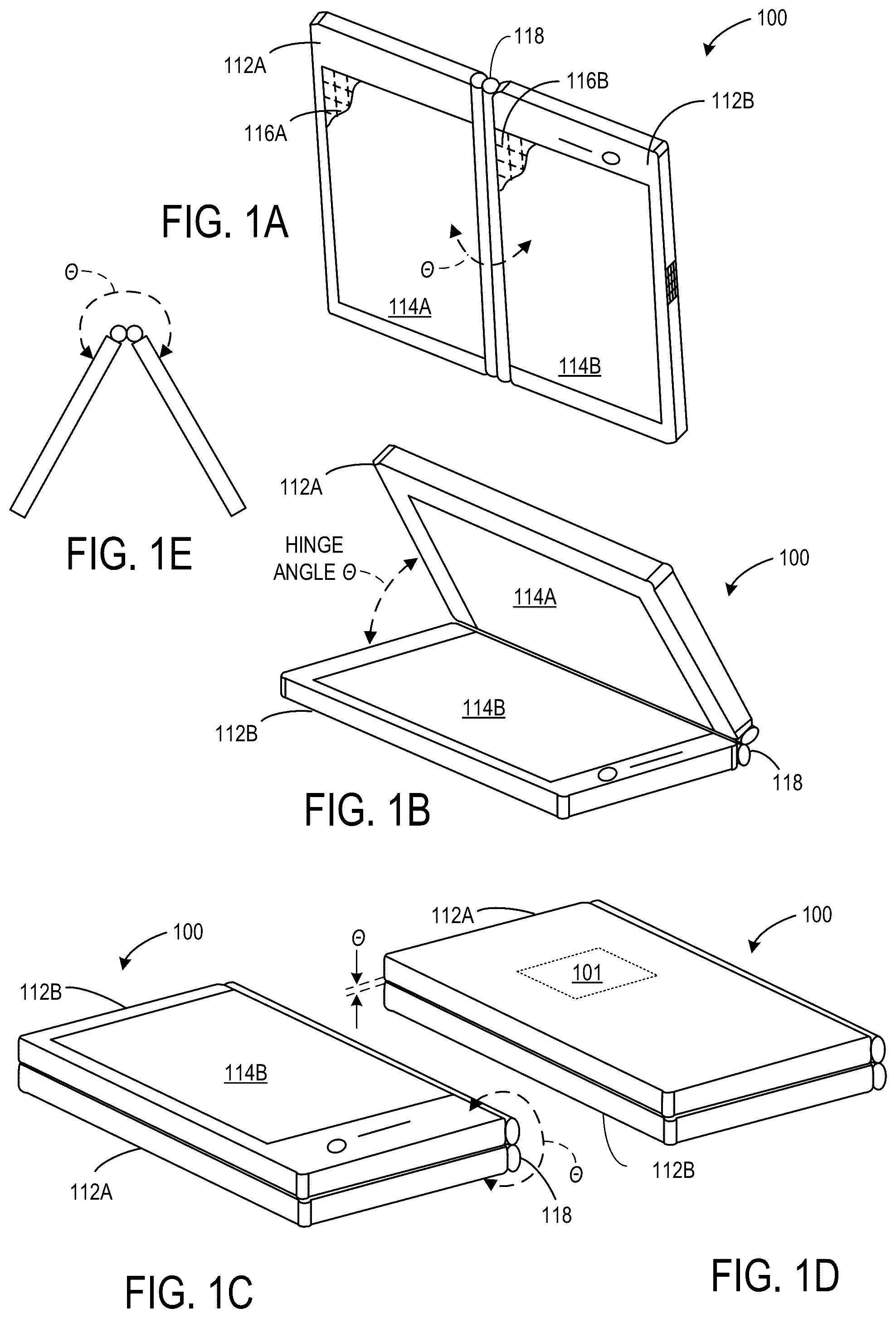 Patent US12105565 — Hinged dual display computing device — Figure 1