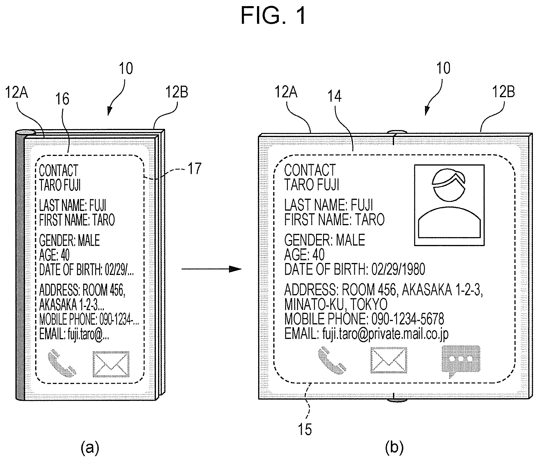 Patent US12106005 — Foldable information processing device with two display bodies and non-transitory computer readable medium, for displaying images in folded and unfolded states, including displaying a notification that provision information exists for display on one or more sides of the two display bodies — Figure 1