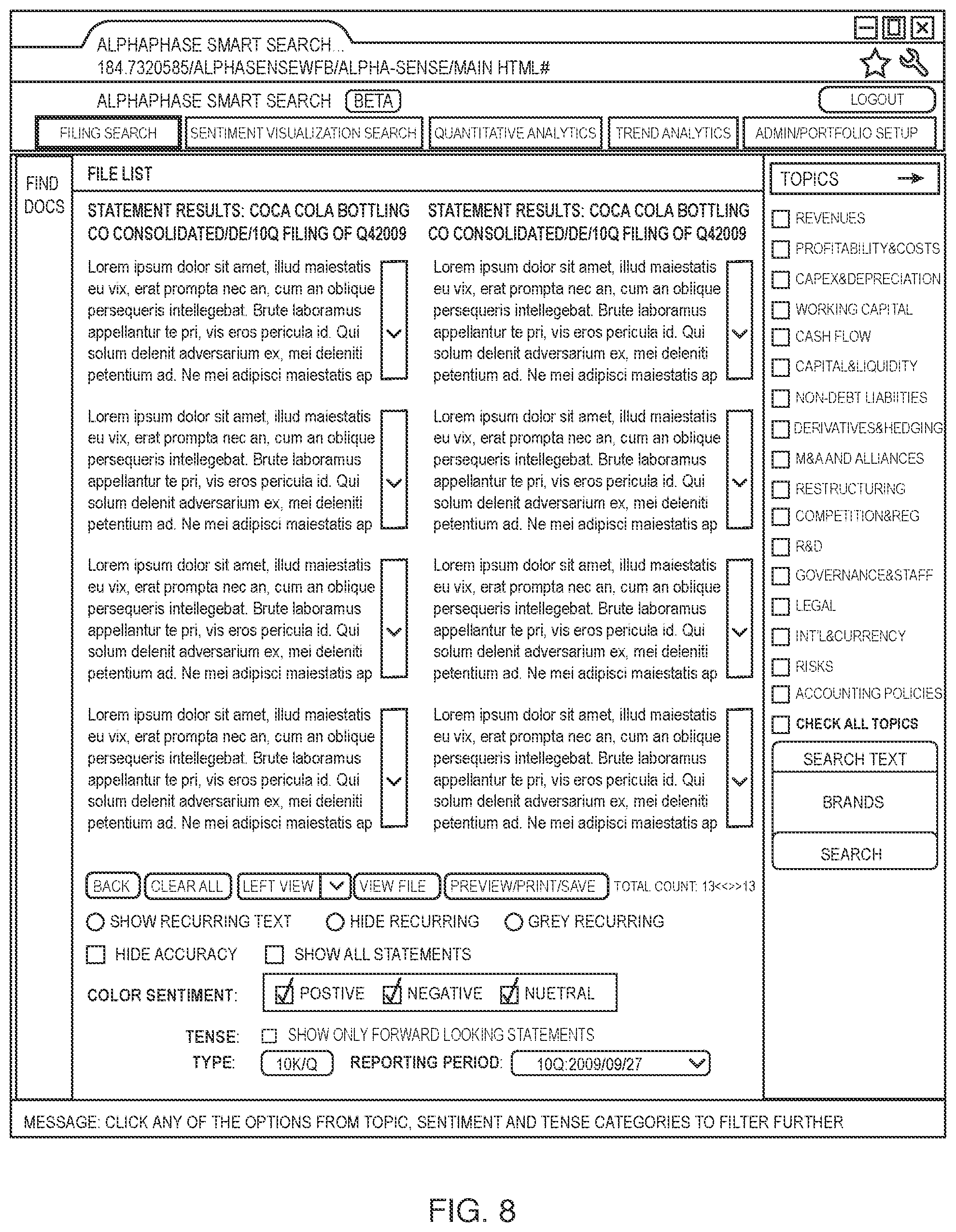 Patent US12106047 Figure 9 – User interface for use with a search engine for searching financial related documents
