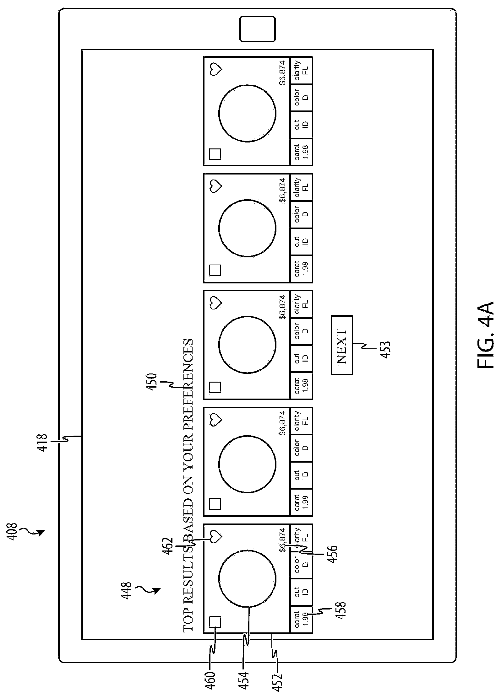 Patent US12106349 Figure 4 – System and graphical interface for diamond selection