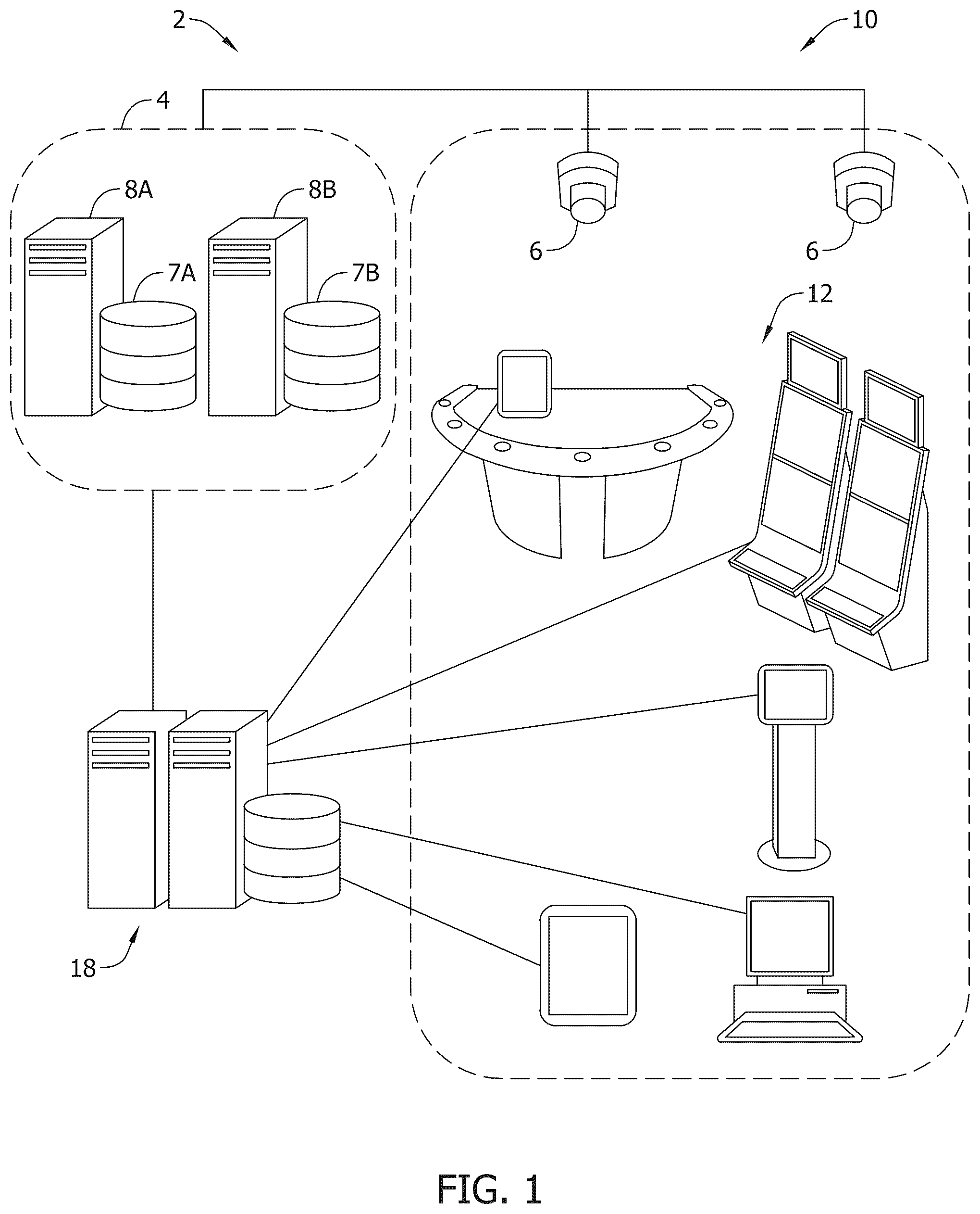 Patent US12106630 Figure 1 – Casino management system with a patron facial recognition system and methods of operating same