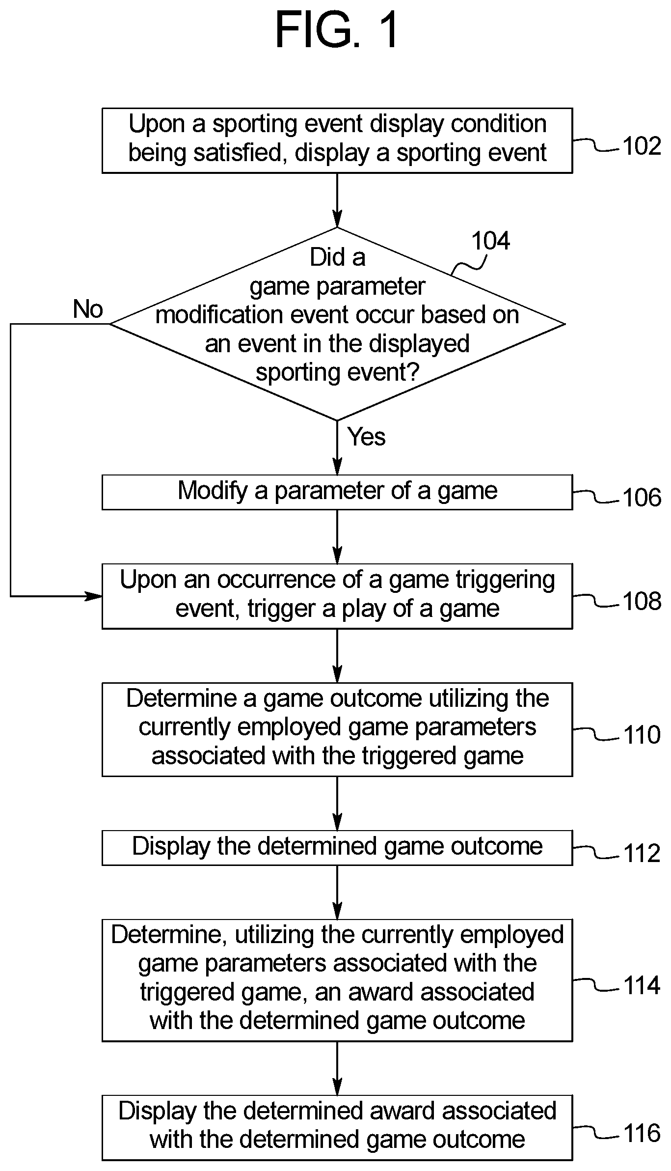 Patent US12106635 — Gaming system and method for modifying a play of a wagering game based on a sporting event — Figure 1