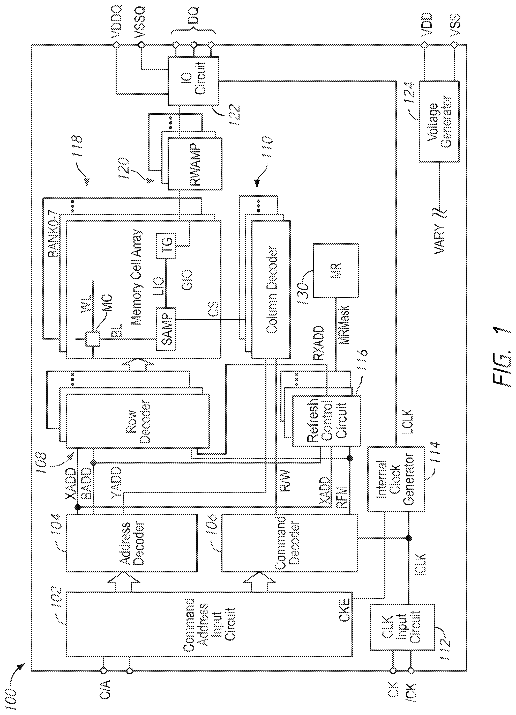 Patent US12106792 — Apparatuses and methods for partial array self refresh masking — Figure 1
