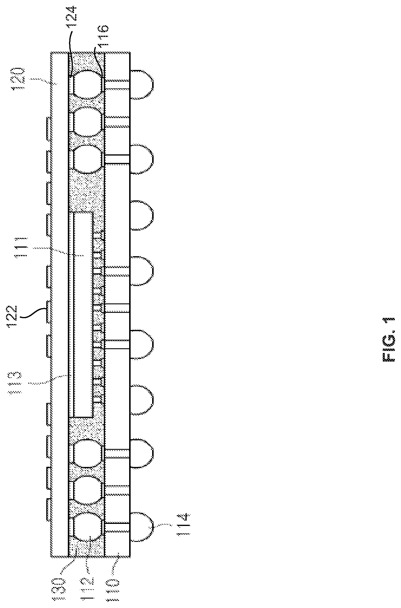 Patent US12107035 Figure 1 – Semiconductor device with a semiconductor die embedded between an extended substrate and a bottom substrate