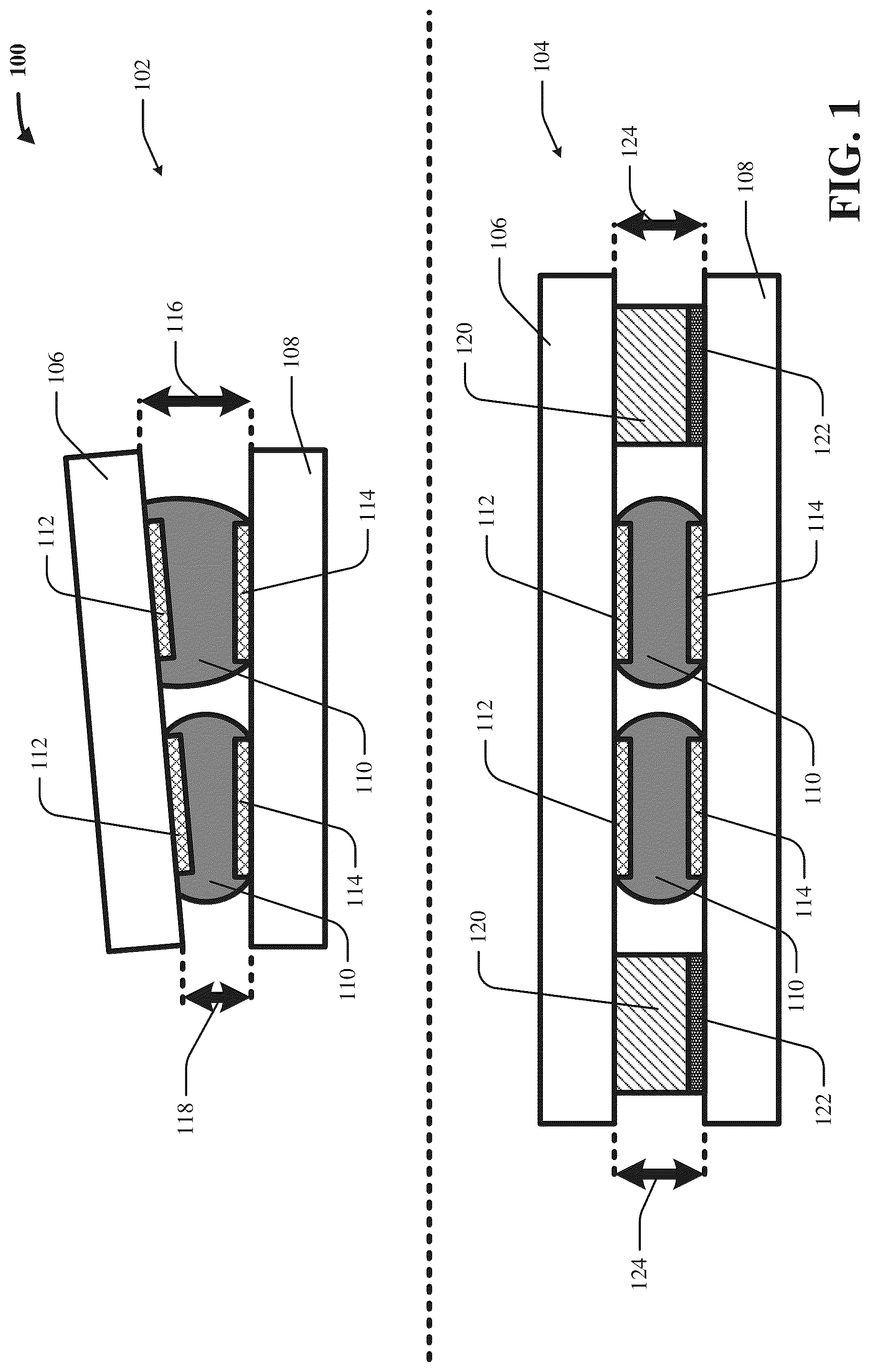 Patent US12107065 — Uniform chip gaps via injection-molded solder pillars — Figure 1