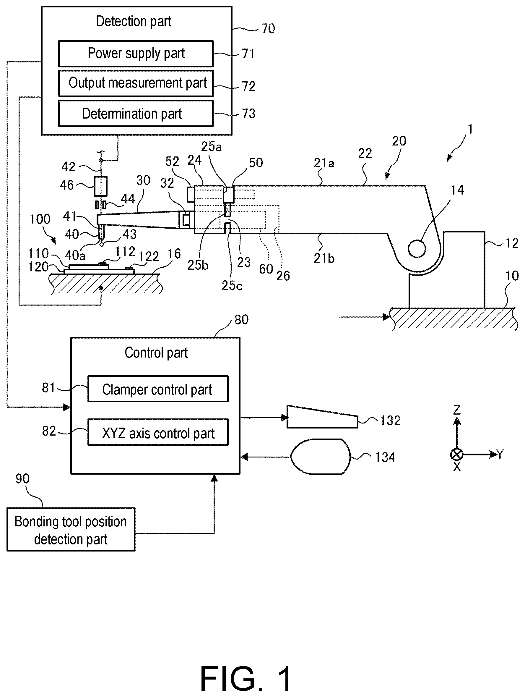 Patent US12107067 — Wire bonding device, wire cutting method and non-transitory computer-readable recording medium recording program — Figure 1