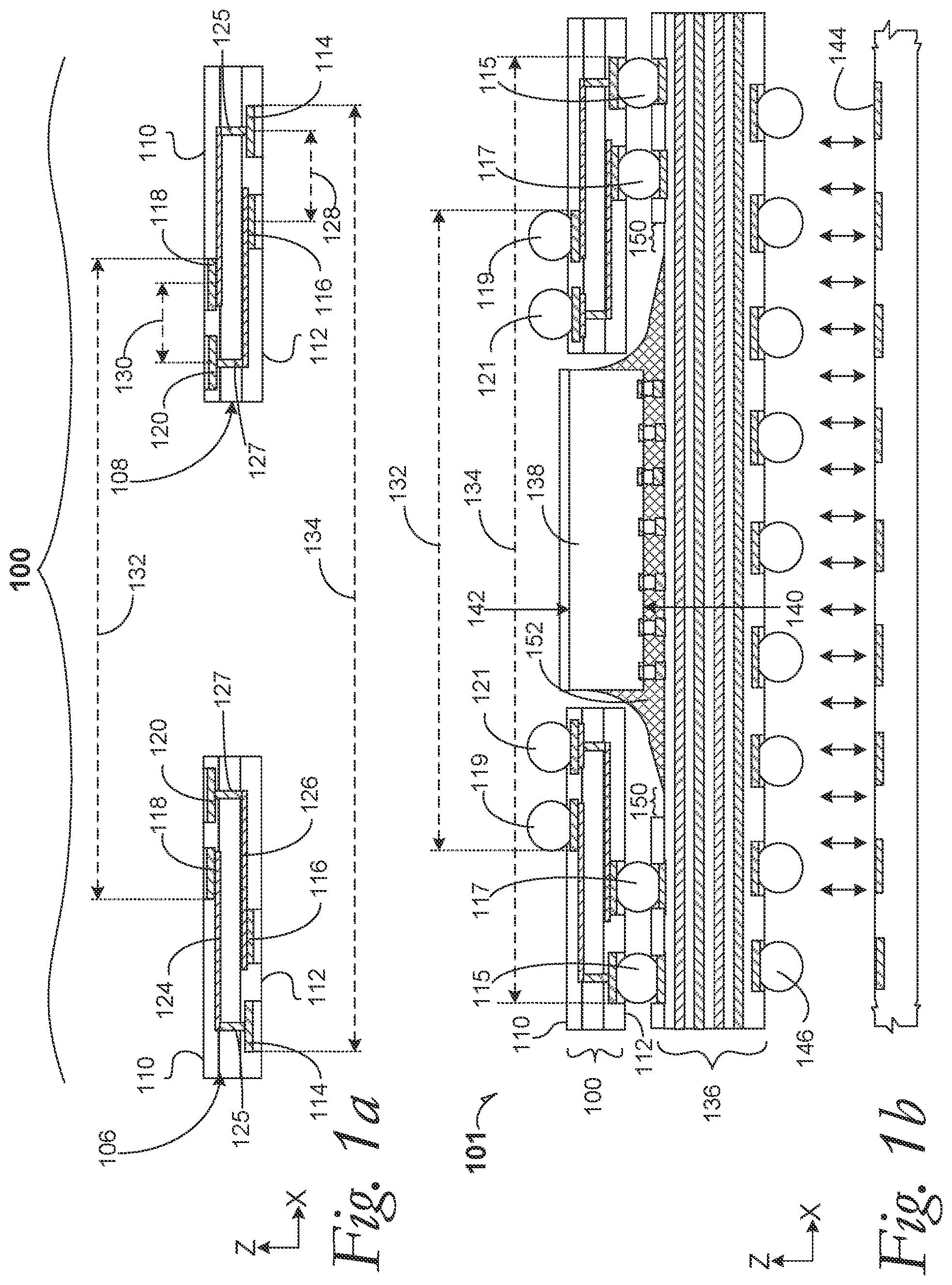 Patent US12107082 — Offset interposers for large-bottom packages and large-die package-on-package structures — Figure 1
