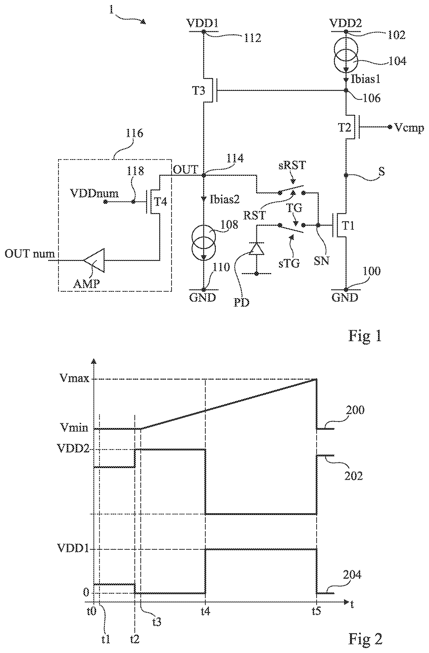 Patent US12107099 — Comparator of a voltage of a sense node of a pixel to a comparison voltage — Figure 1