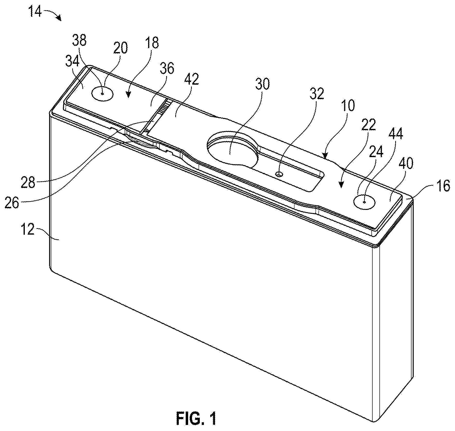 Patent US12107302 — Overcharge protection device with uneven terminal pads — Figure 1