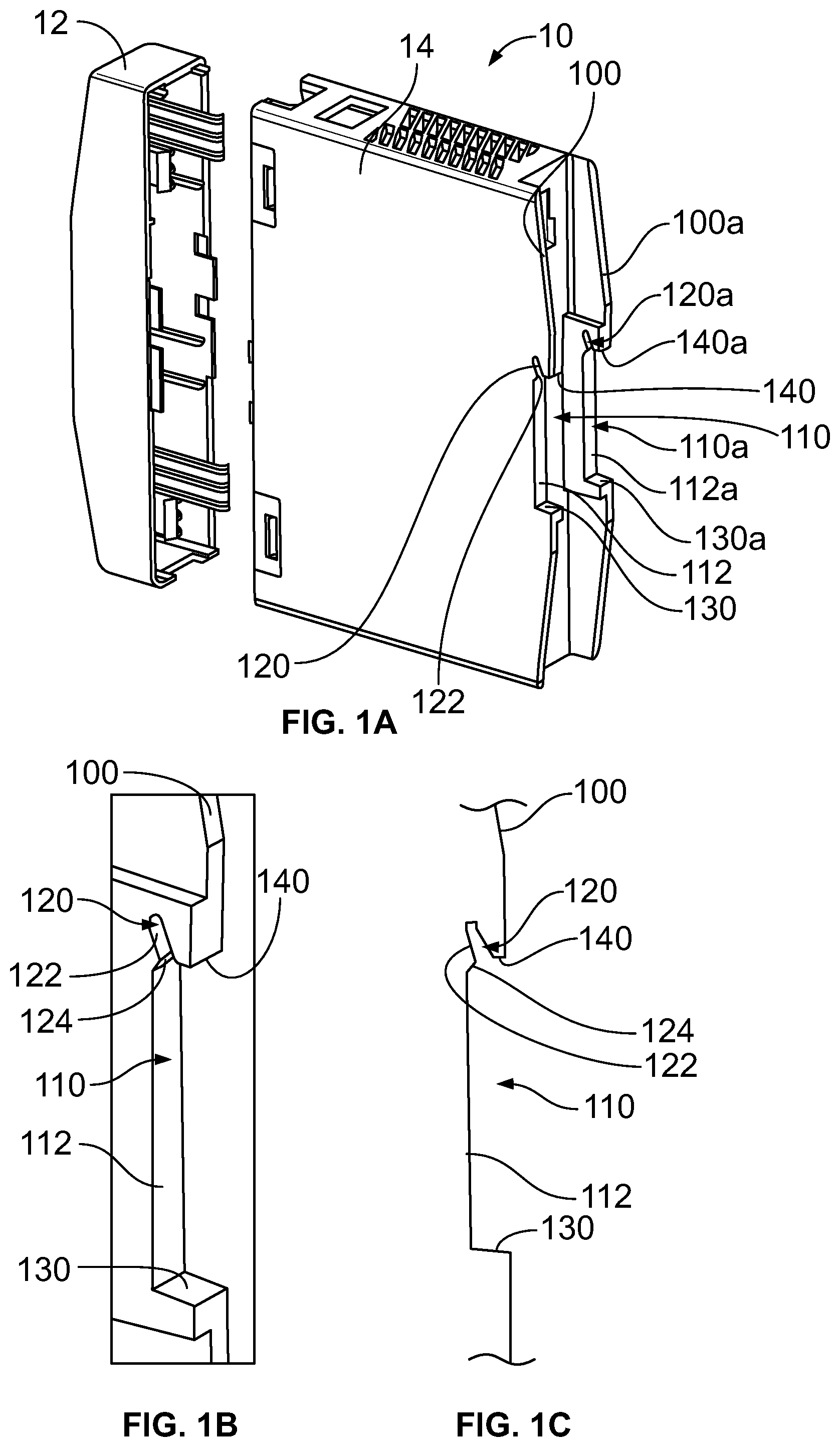 Patent US12107377 — Plastic latching system for securement of electronic component to a DIN rail — Figure 1