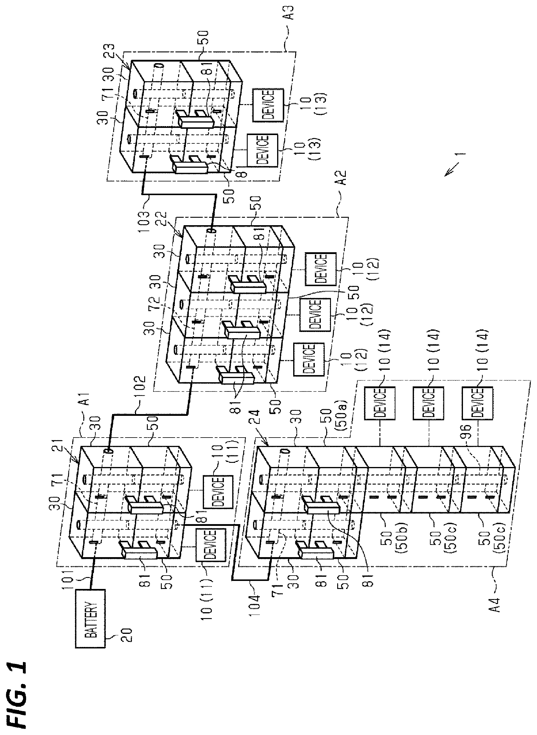 Patent US12107406 Figure 1 – Power supply block, wiring unit, and wiring system